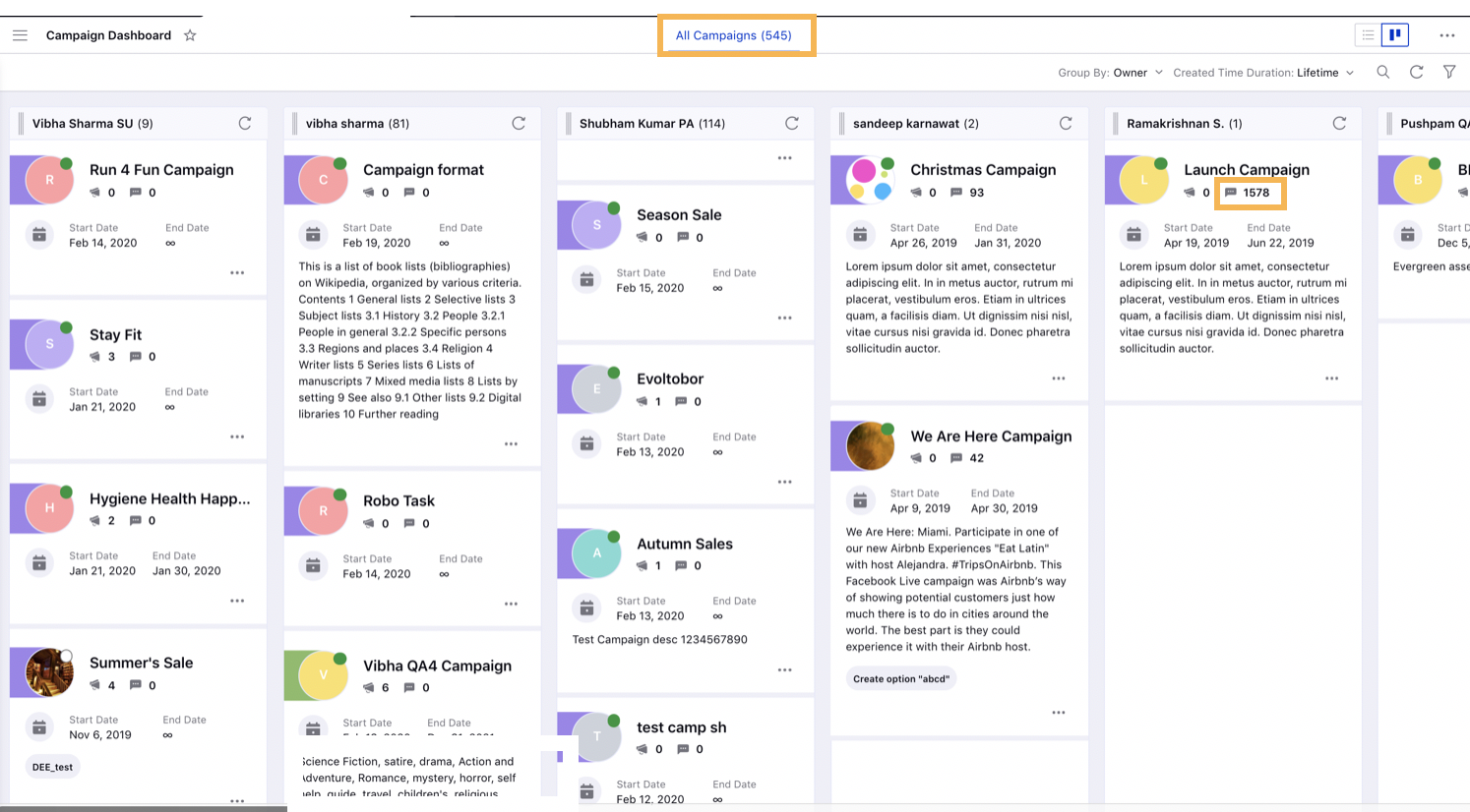 Viewing Campaigns in the Kanban View of the Production Dashboards 