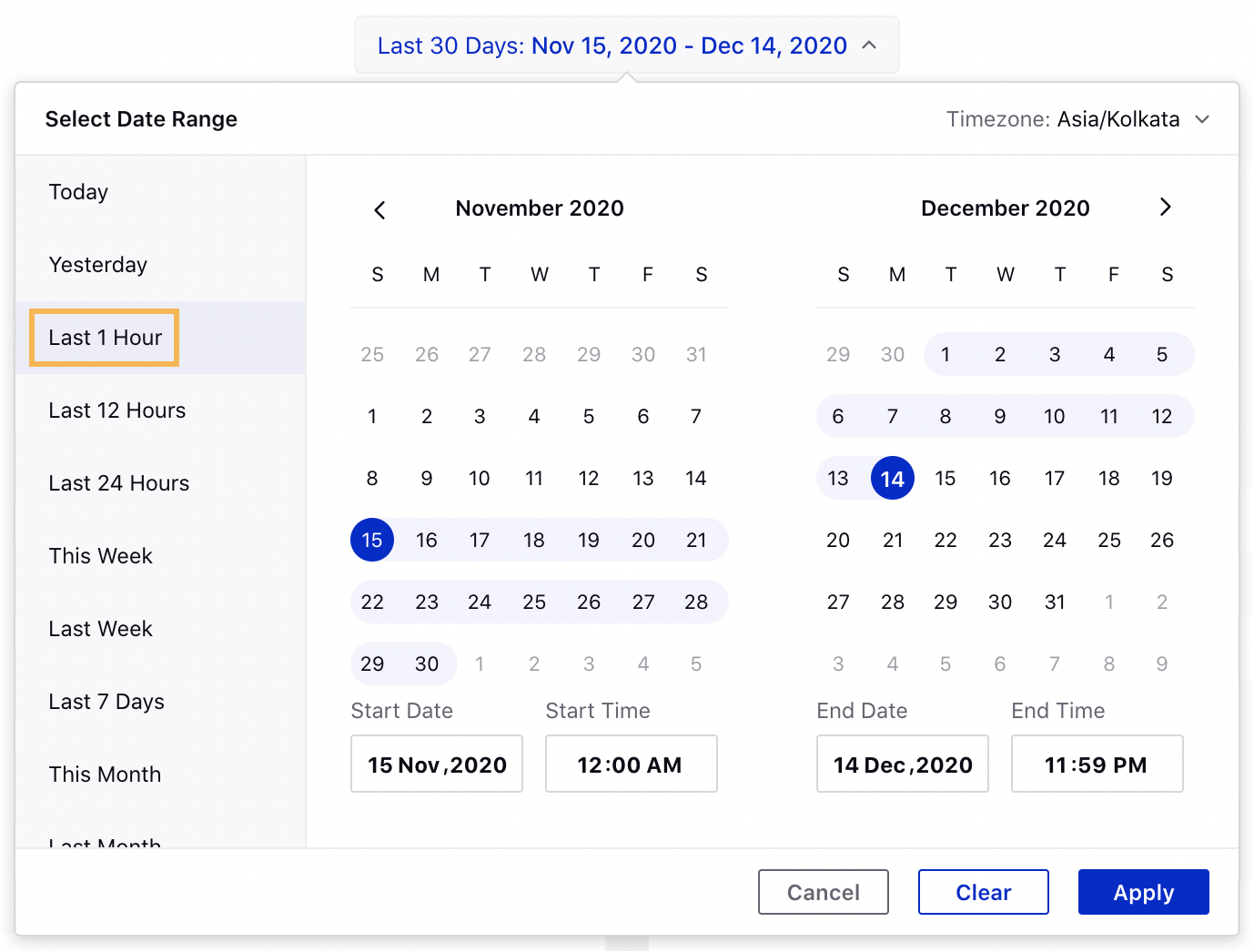 Listening – Added "Last 1 Hour" in Date Range Picker