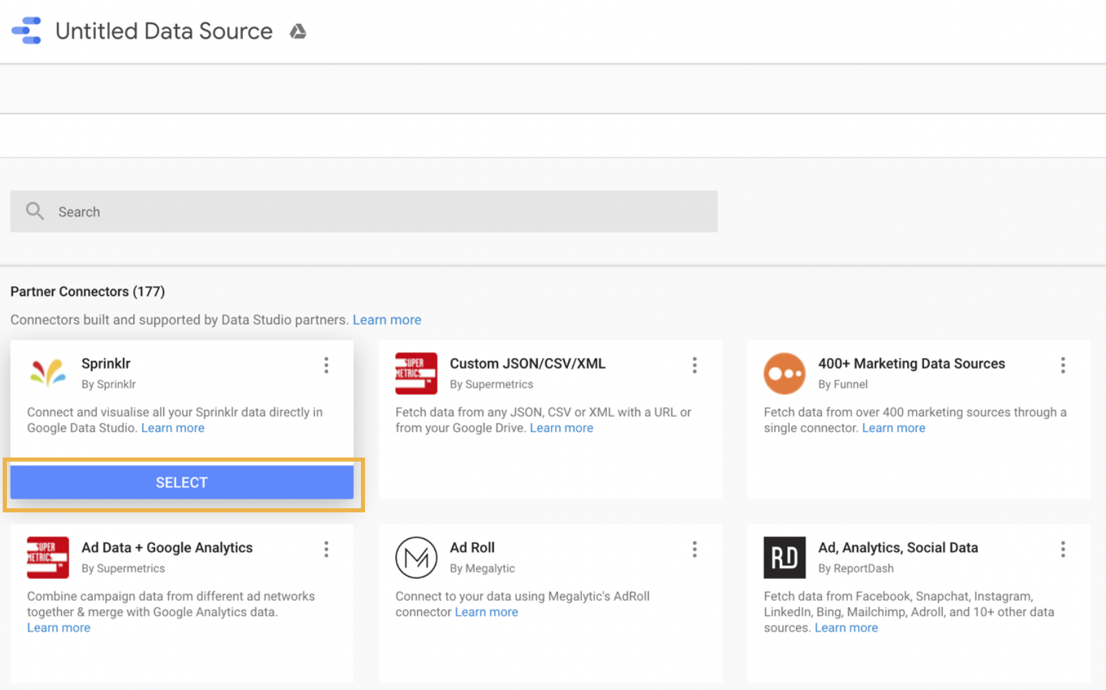 Selecting Sprinklr Connector on Google Data Studio