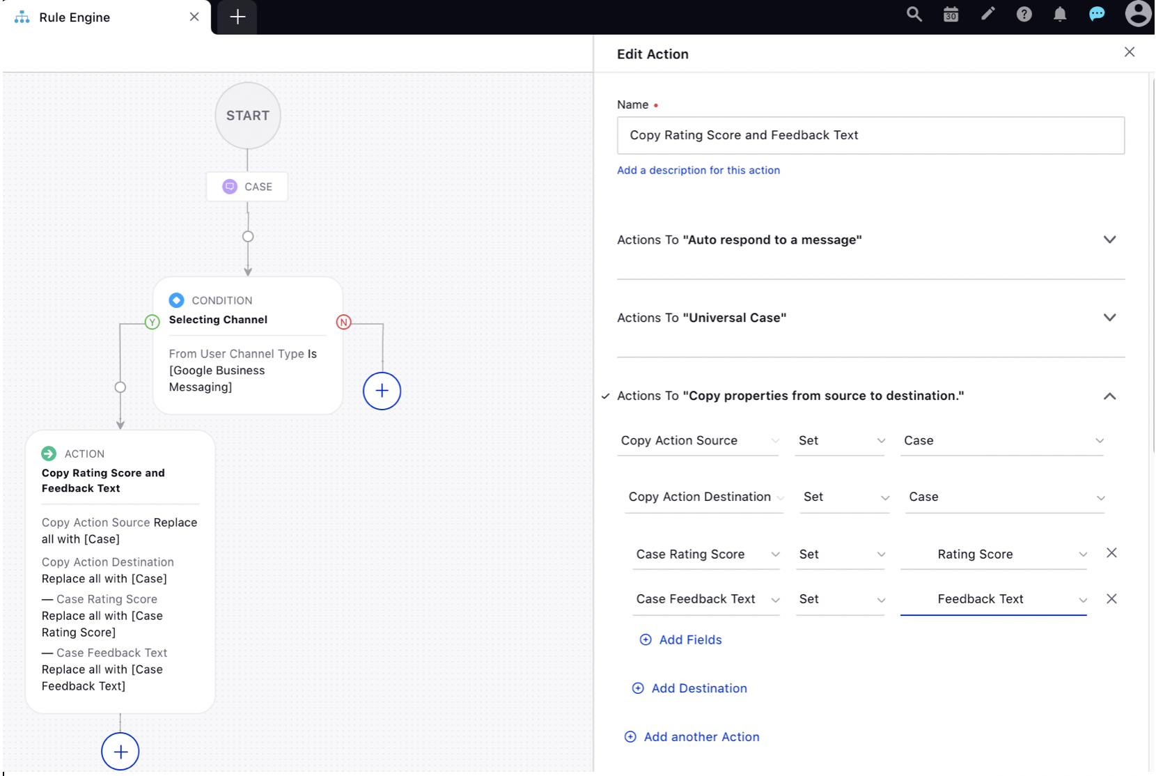 Copying Survey Rating Score and Survey Feedback Text into Custom Properties via Rule Engine for Google Business Messaging