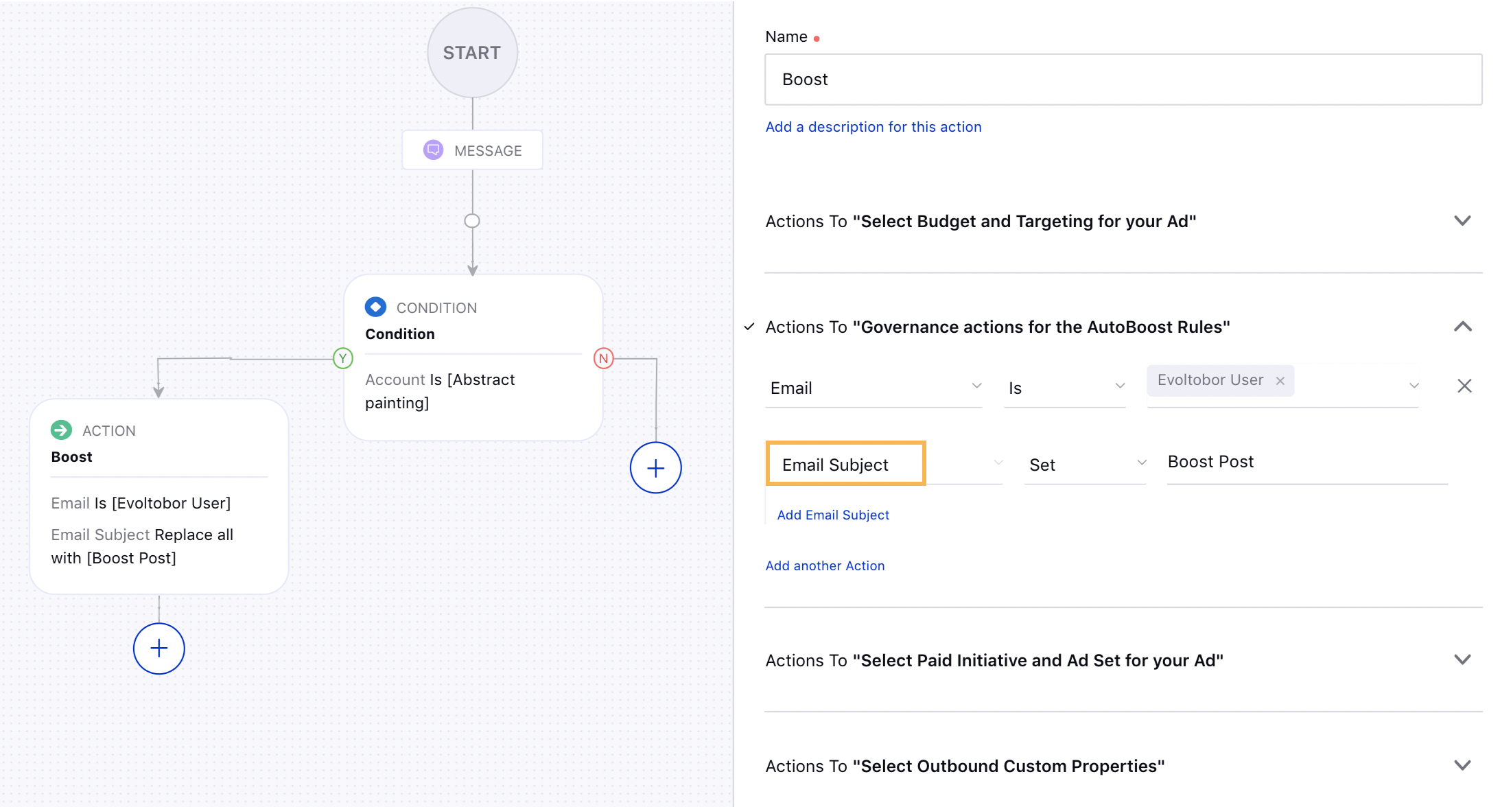 Removed Email Subject as a separate Auto Boost rule action