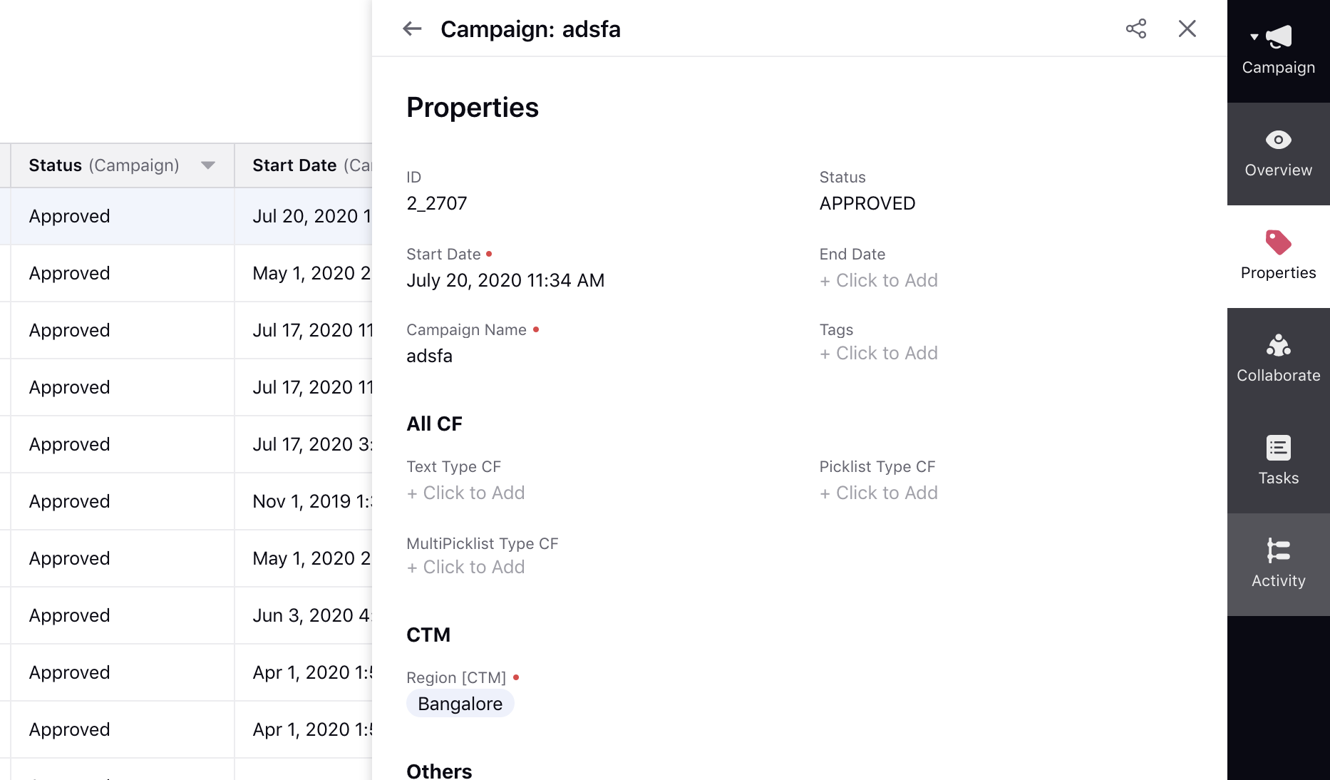 Properties Tab in Campaign Third Pane