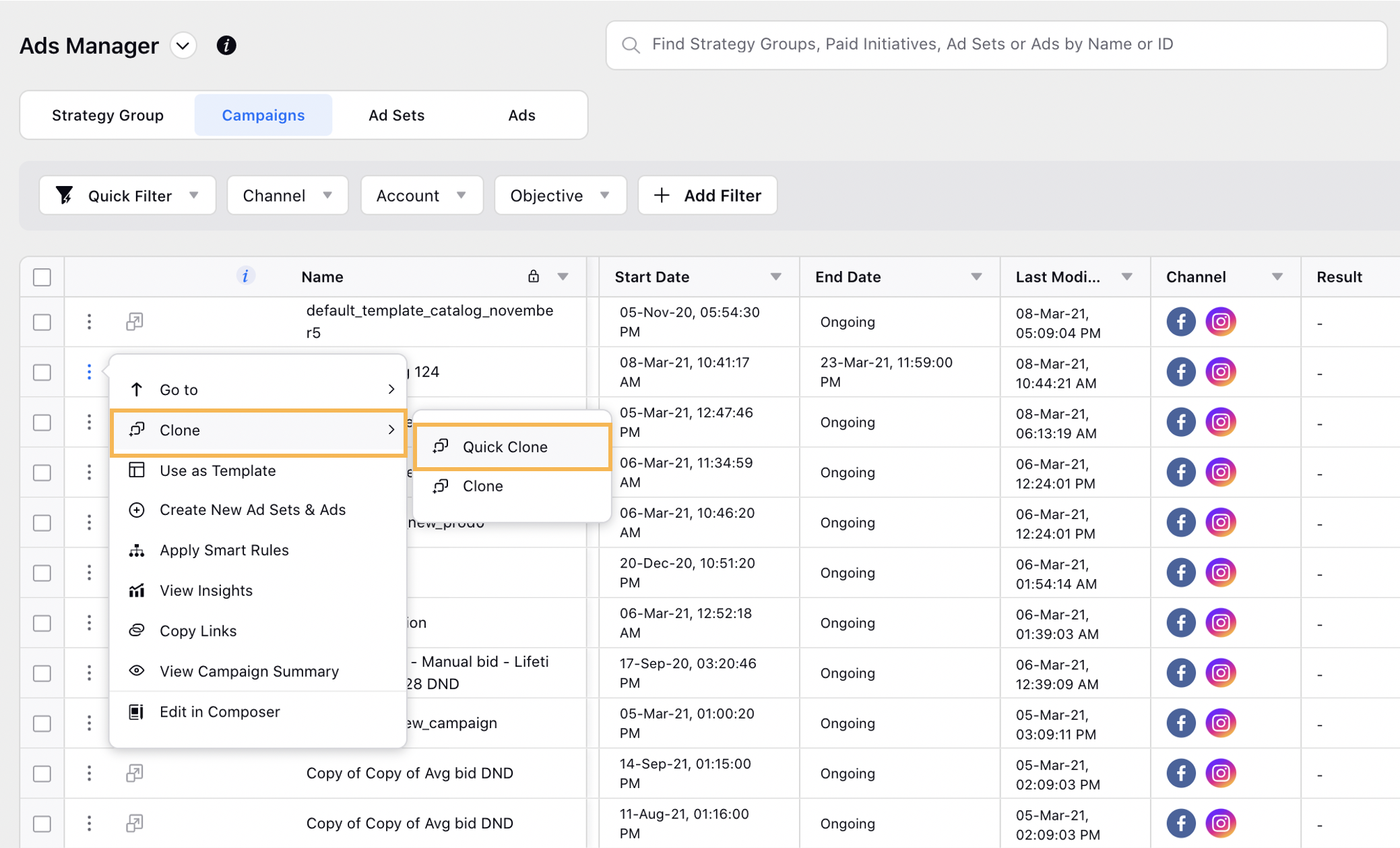 Selecting Quick Clone from the Ad Entity Options