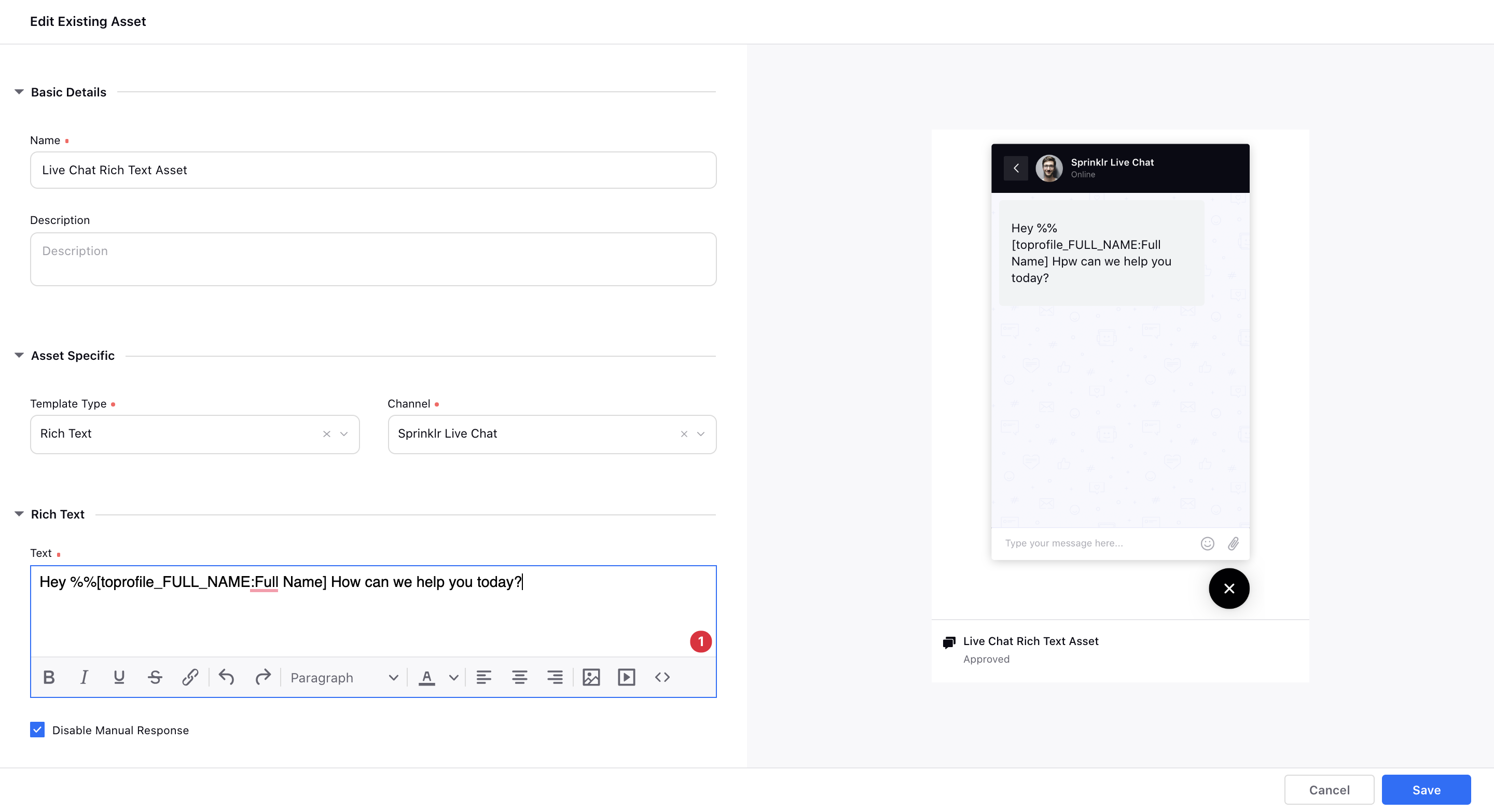 Add Placeholders in Rich Text Templates for Sprinklr Live Chat