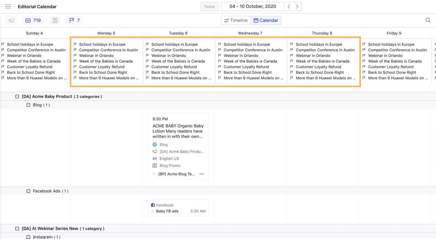 Viewing Events in Grouped View of the Editorial Calendar