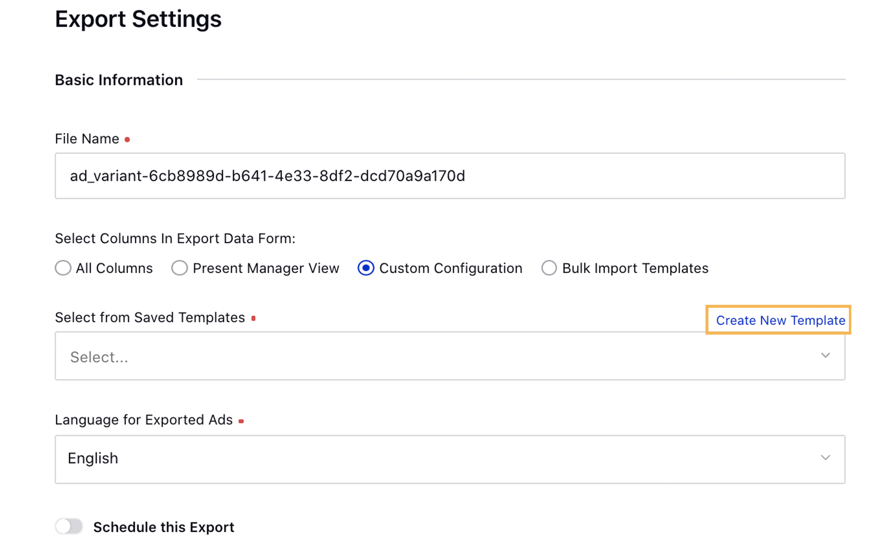 Create new template for custom column configuration in export file