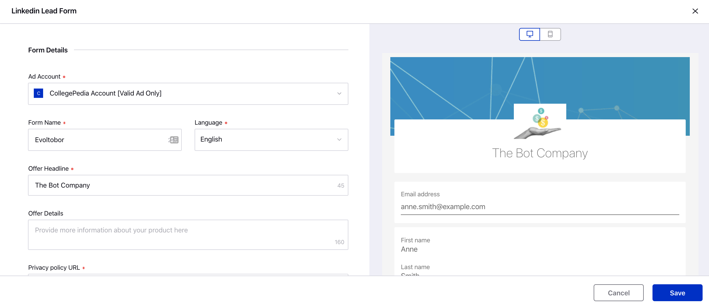 Enter the details of your LinkedIn Lead Form