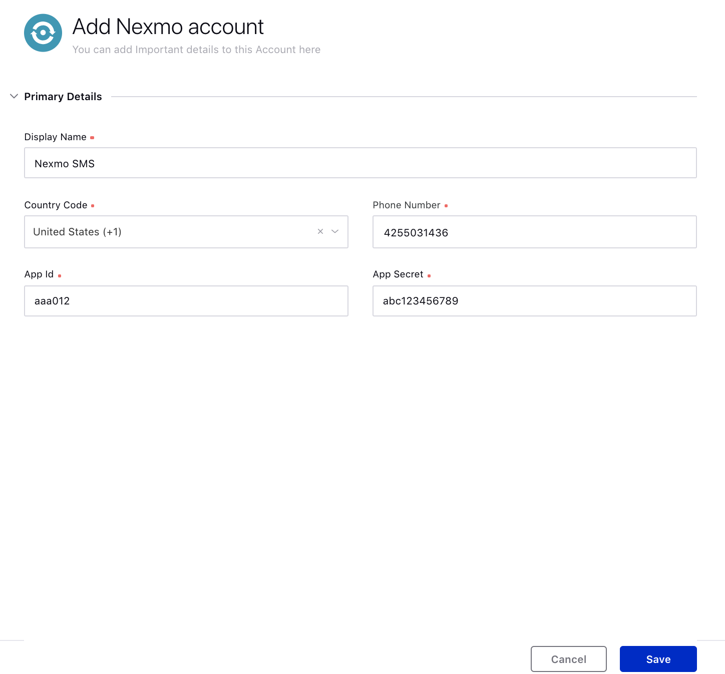 Adding Nexmo Account Details in Add Account Window 