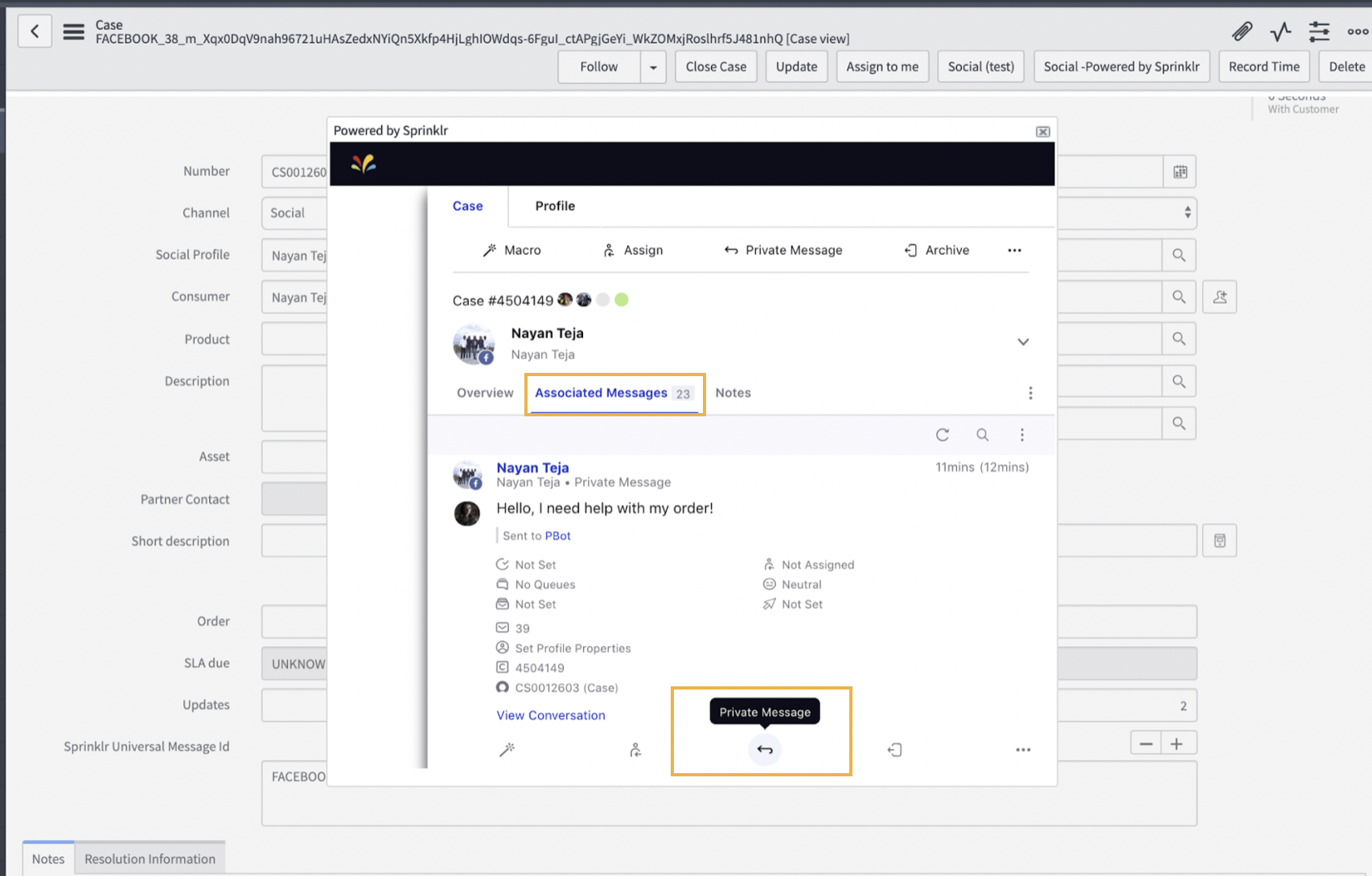 Clicking on the Reply icon to respond back to the customer on Social directly through Sprinklr iframe