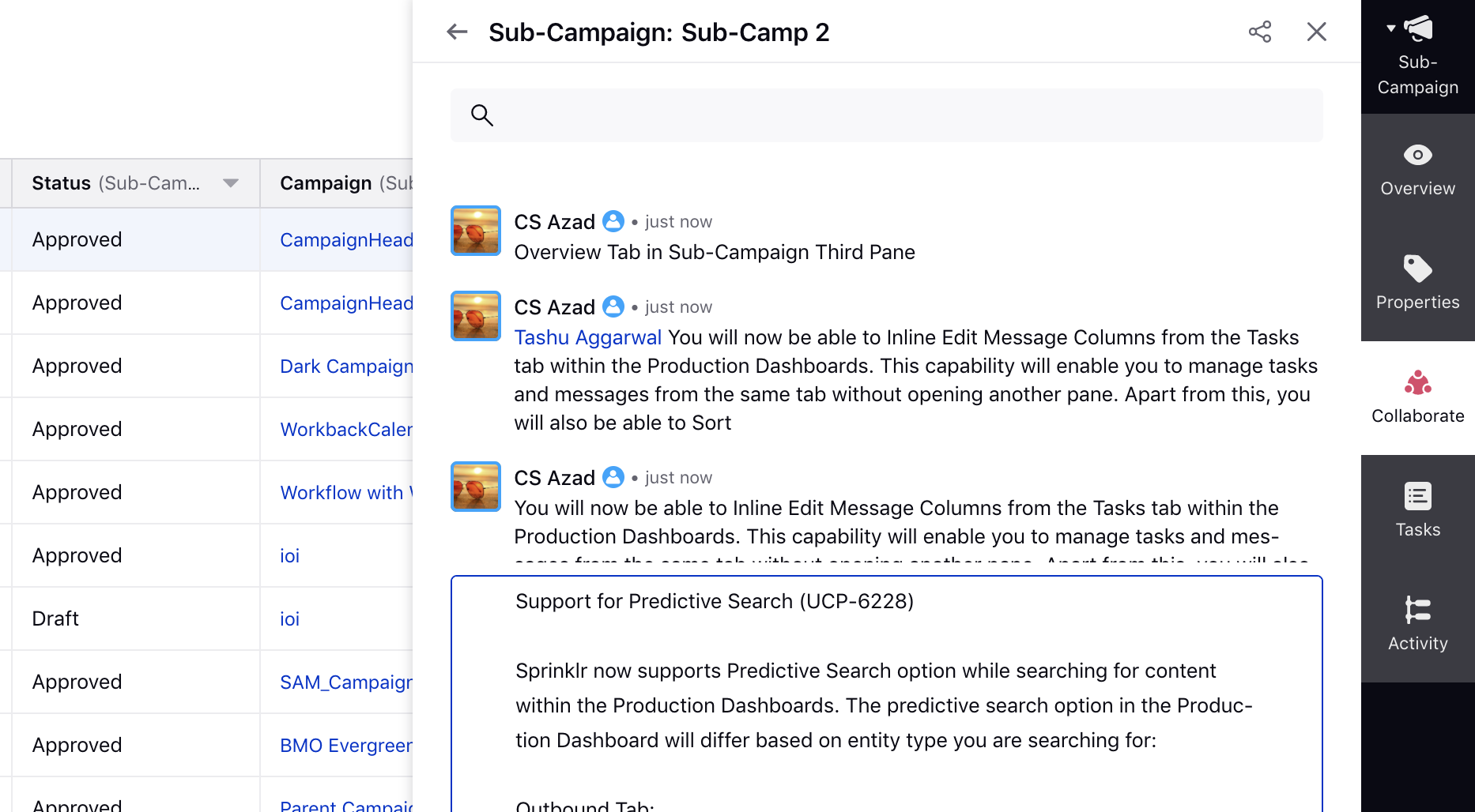 Collaborate Tab in Sub-Campaign Third Pane