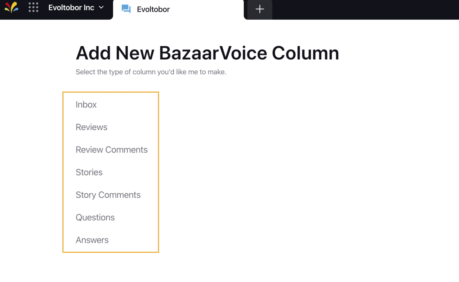 Selecting the desired Bazaarvoice Column within the Engagement Dashboard