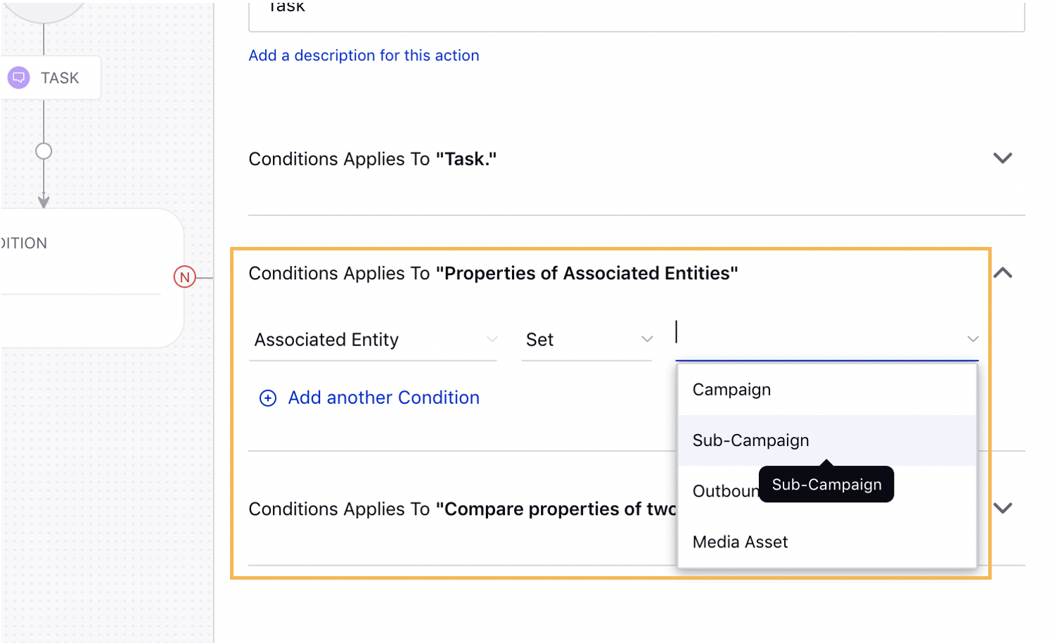 Setting Associated Entity as Condition in Task Rule