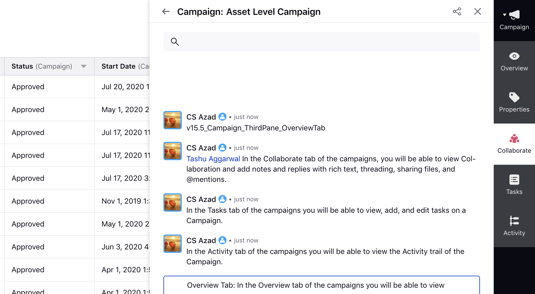 Collaborate Tab in Campaign Third Pane