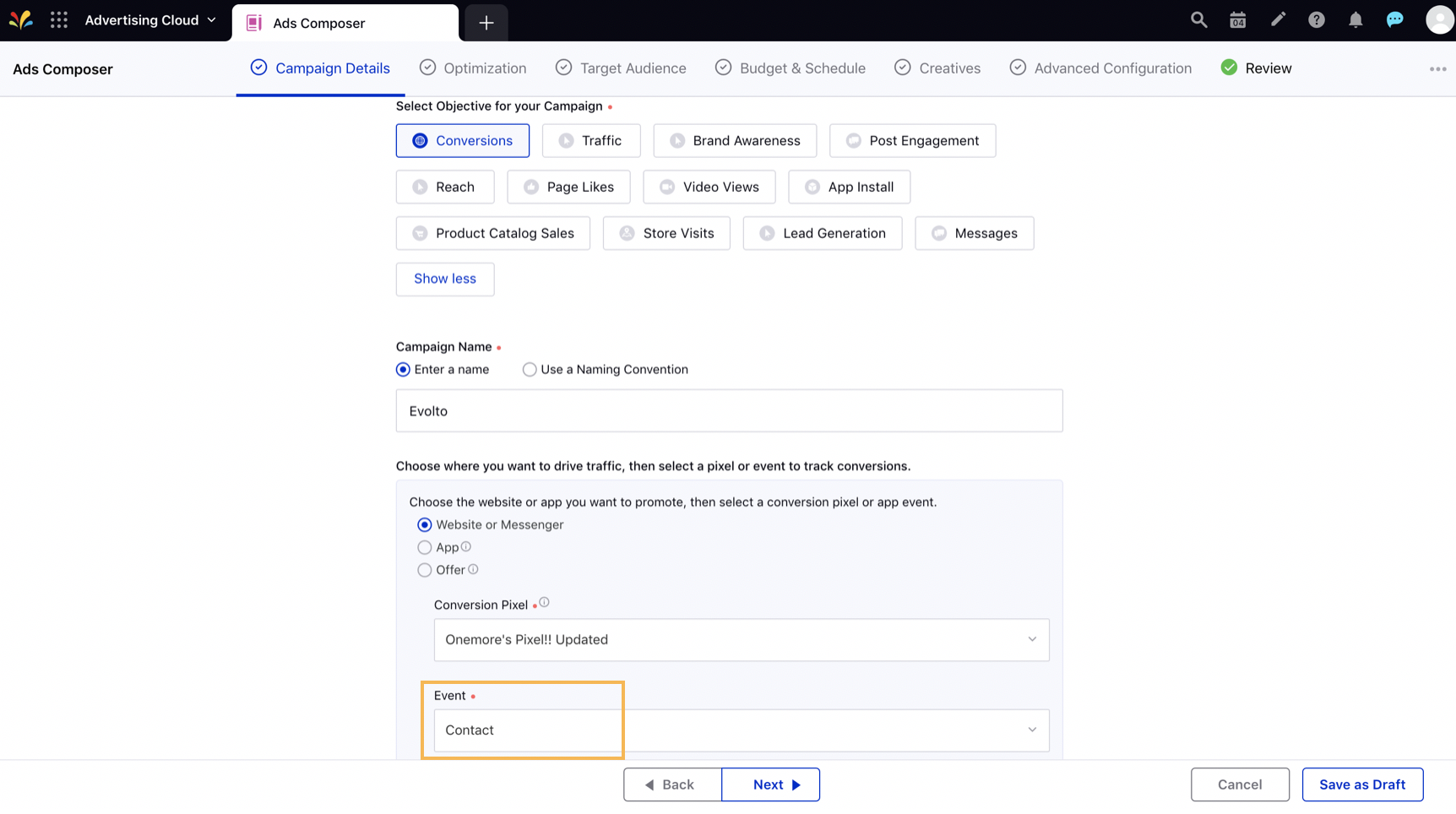 selecting Conversion Event for Respective Conversion Pixel within Ads Composer 