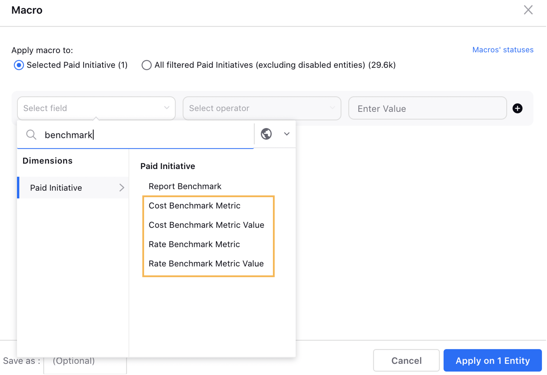 Select Cost and Rate Benchmarks in Macro window