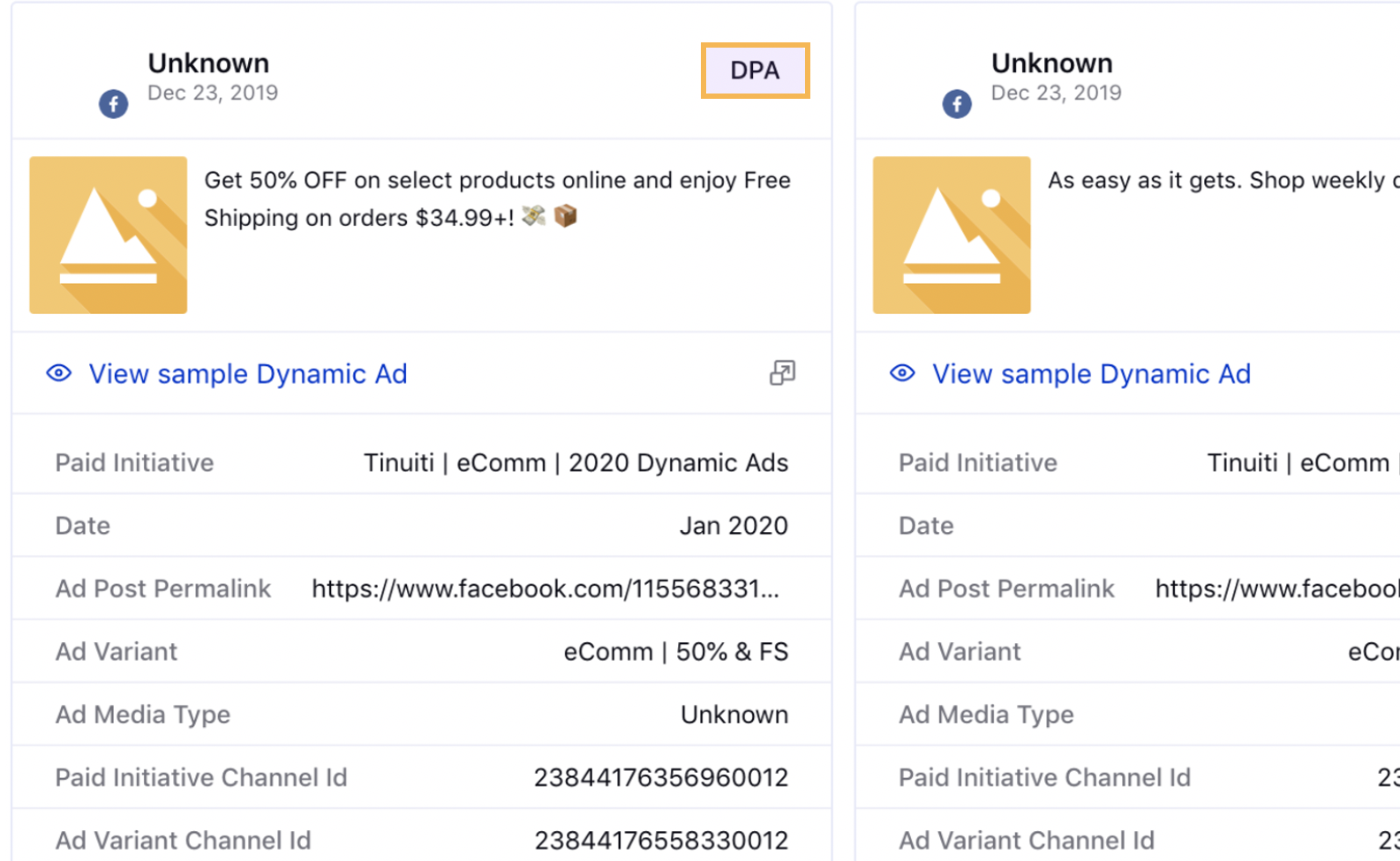 Facebook Dynamic Ad Indication in the post card