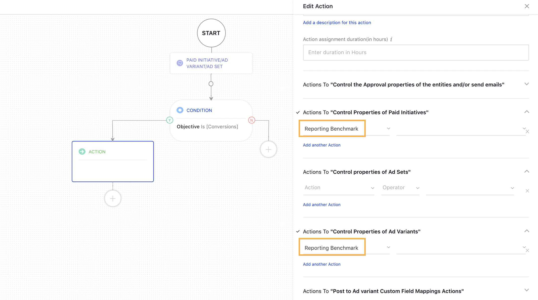 Setting actions in the Paid Rule Engine to automatically tag benchmarks