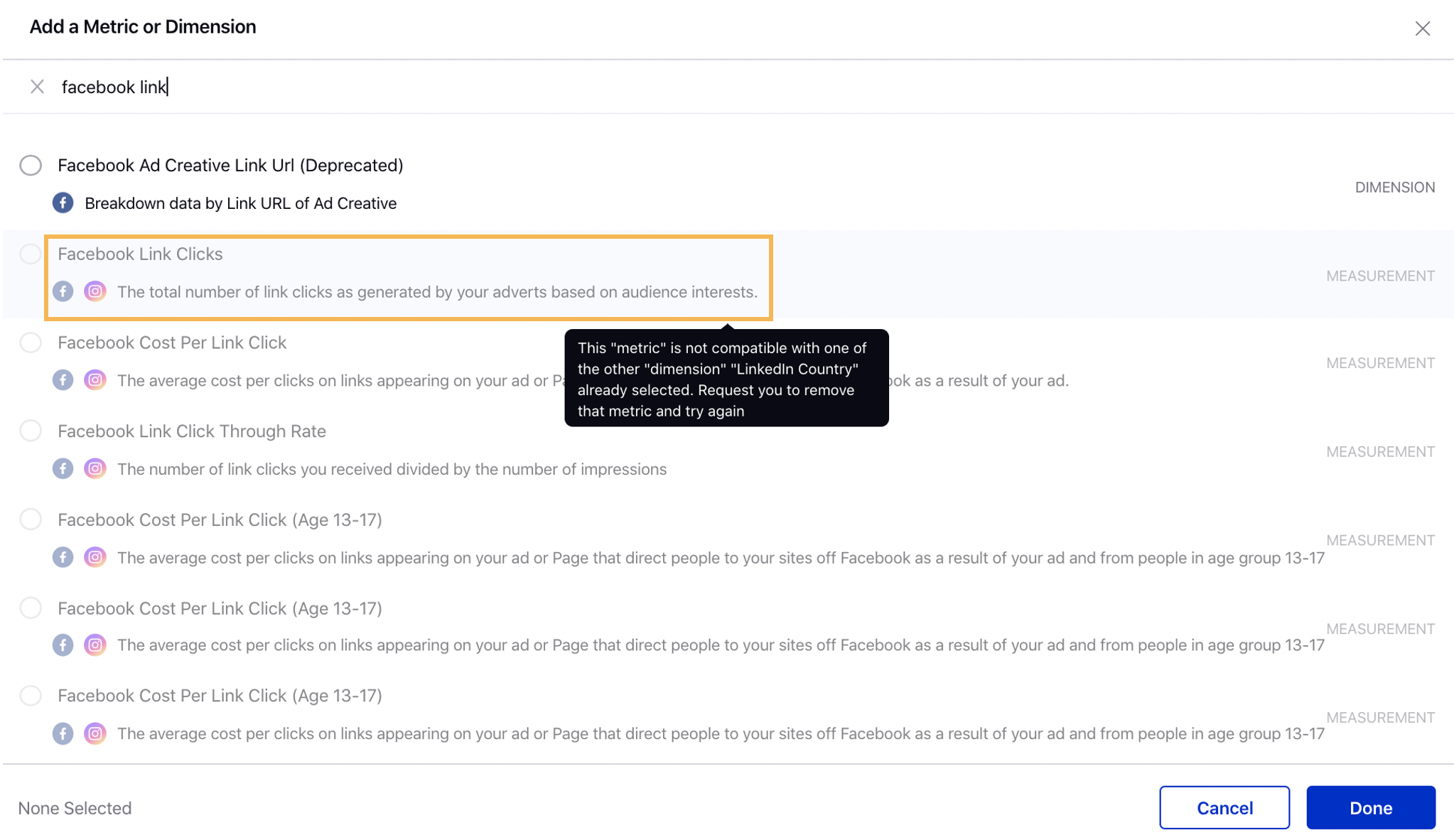 Visibility of all metrics and dimensions with incompatible messages for the same