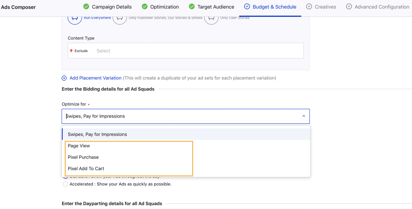 Snapchat Goal-Based Bidding Optimization Options in Ads Composer