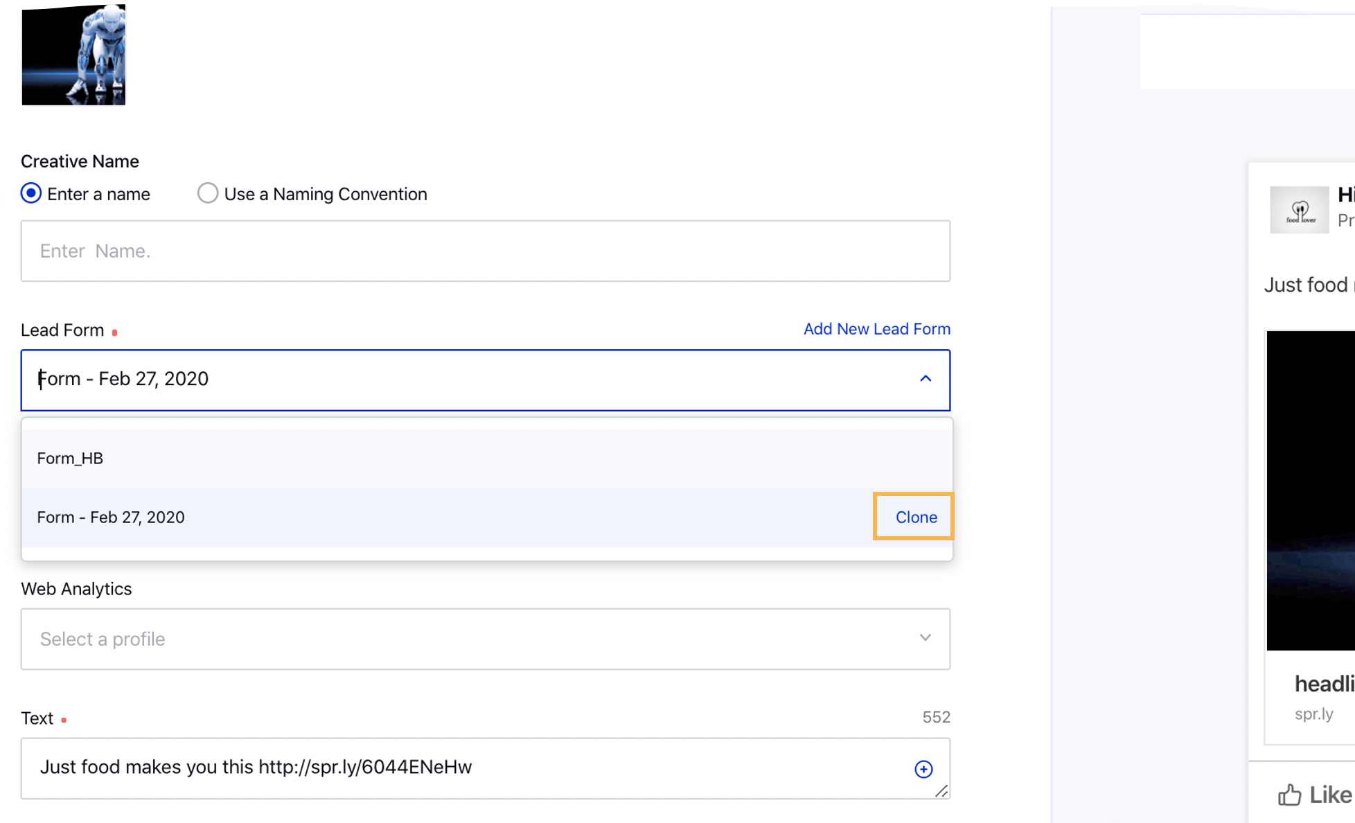 Clone existing Lead Forms from Selection Menu