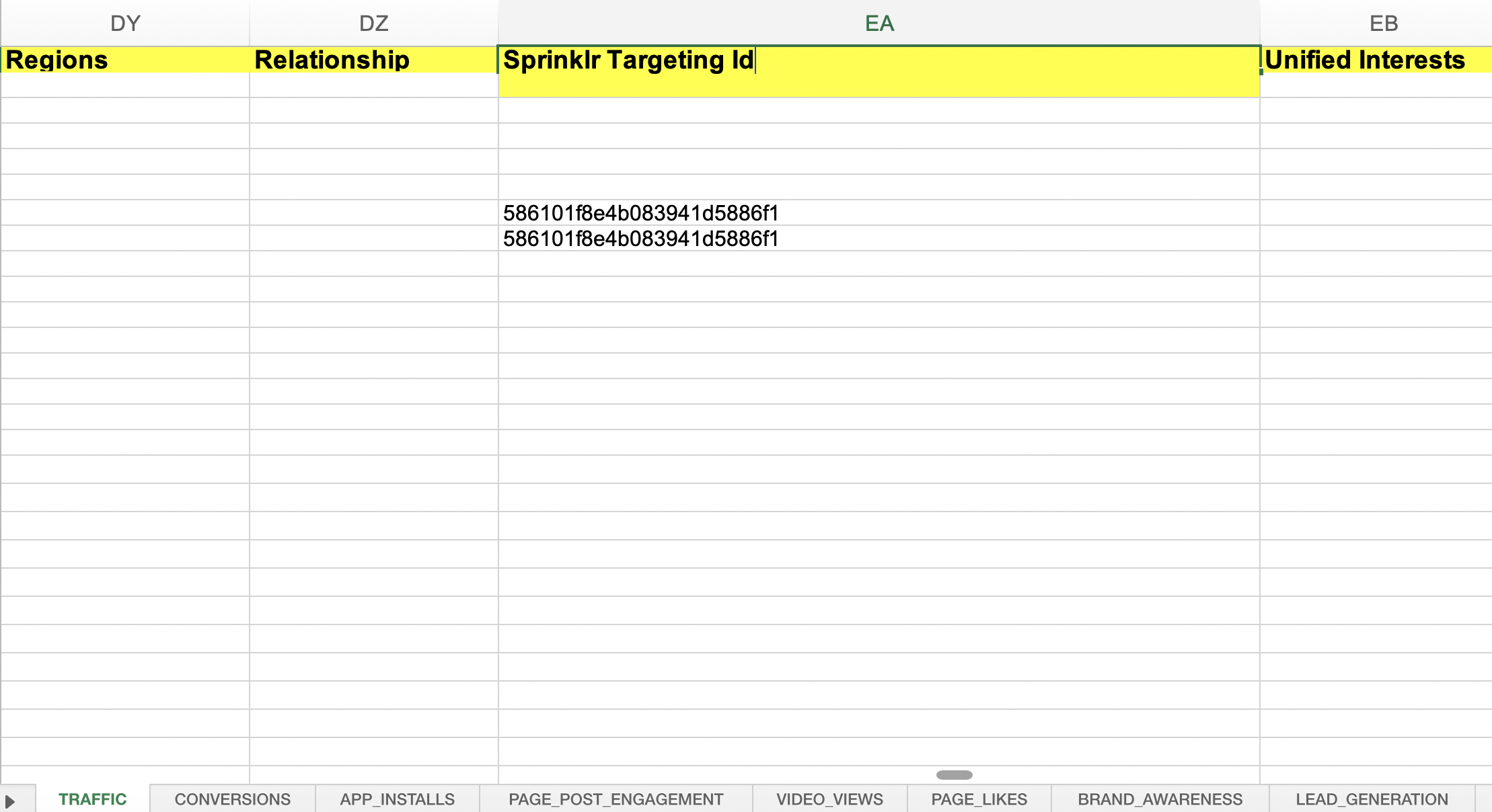 Provide the Audience Ids within Sprinklr Targeting Id column