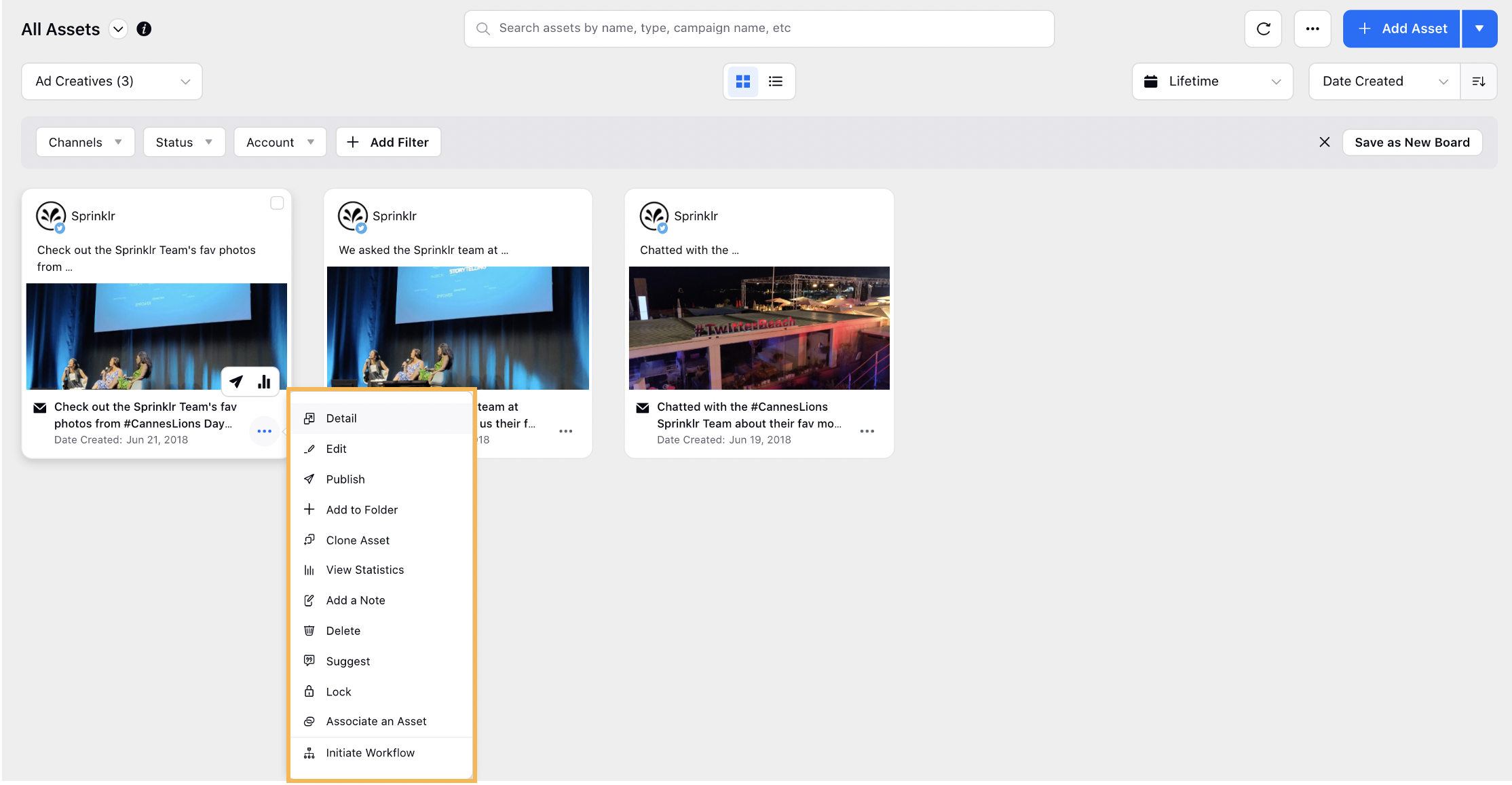 Clicking on the Options Icon alongside the Desired Creative to View  Available Options