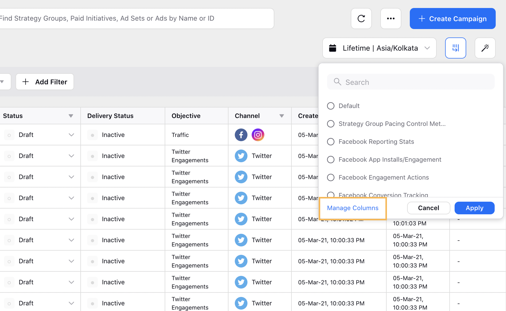 Modify or Build a new column configuration in Ads Manager