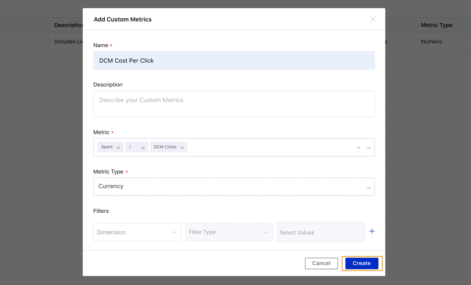 On the Add Custom Metrics window, filling in the details and adding DoubleClick and Facebook Custom Metrics.