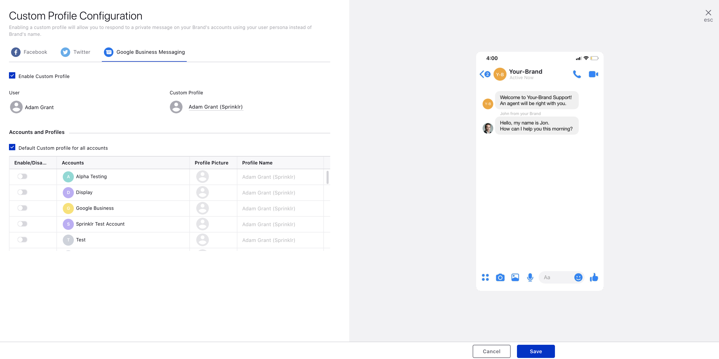 Support to Configure Custom Profile for Google Business Messaging