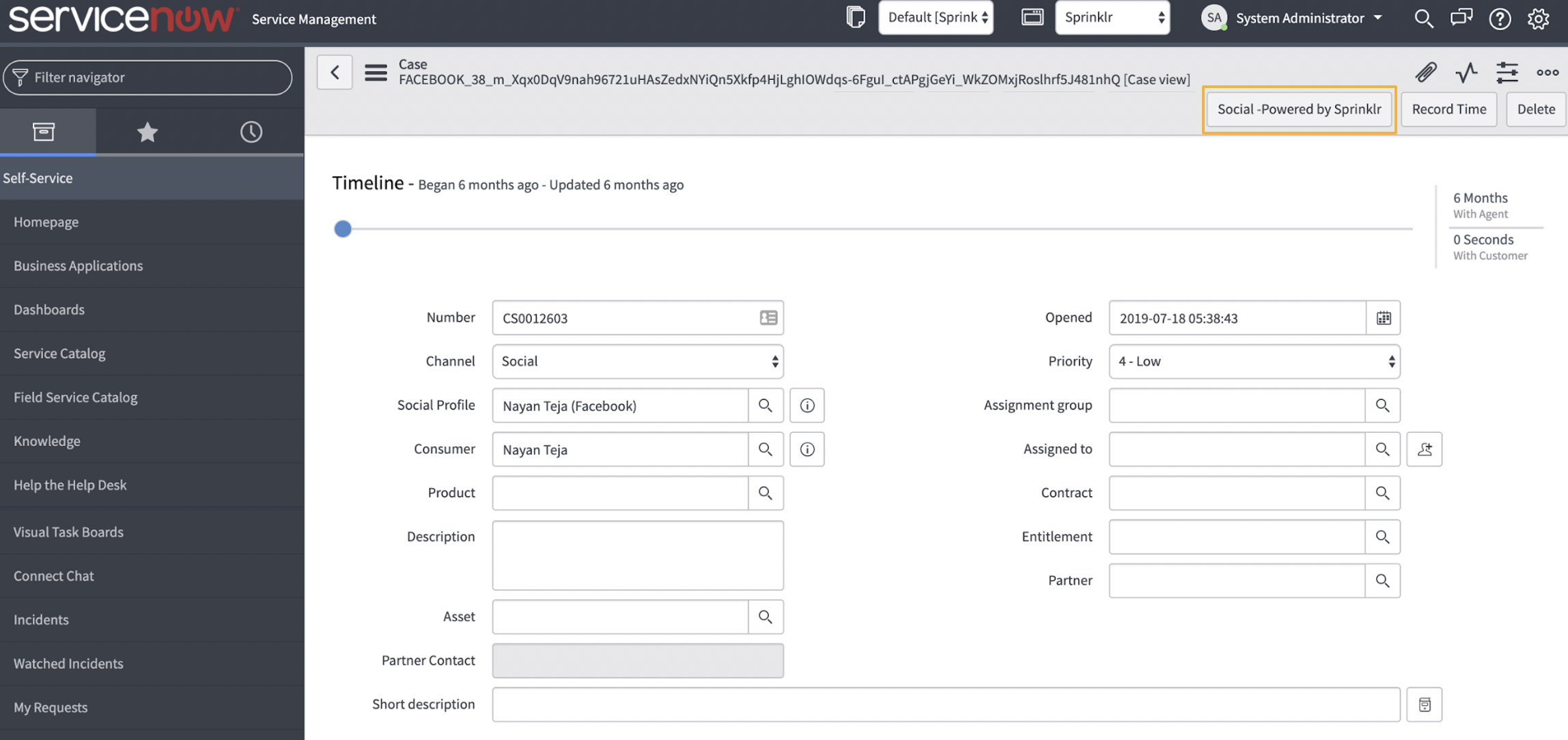 Clicking the Social - Powered by Sprinklr button on the right top to respond back to the customer on Social directly through Sprinklr iframe