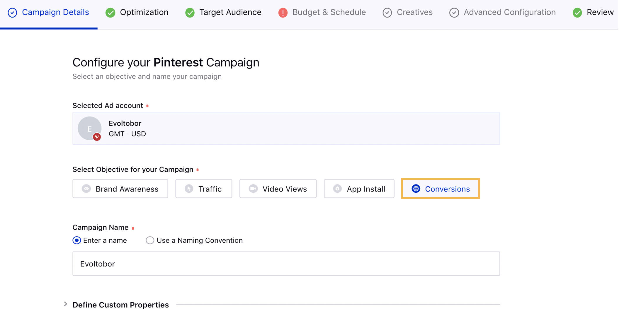 Creating Pinterest Conversions Campaign within the Ads Composer