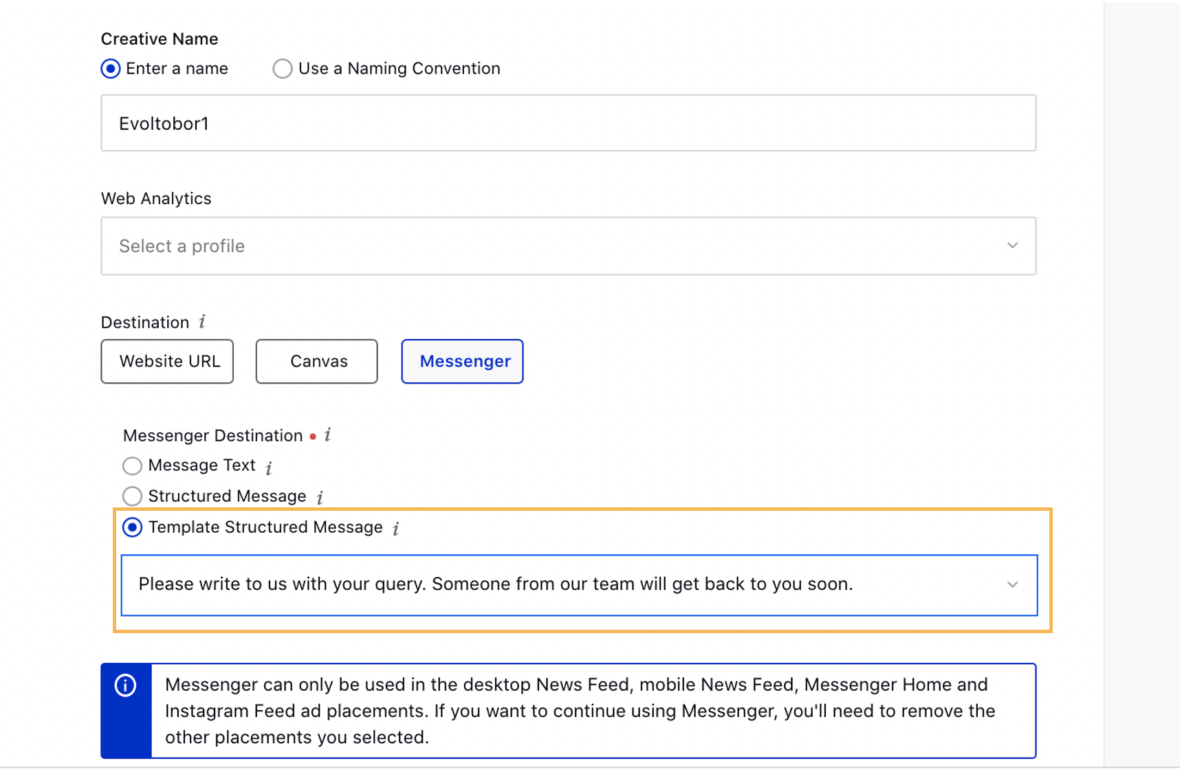 Select Template Structured Message for your Messenger Ad