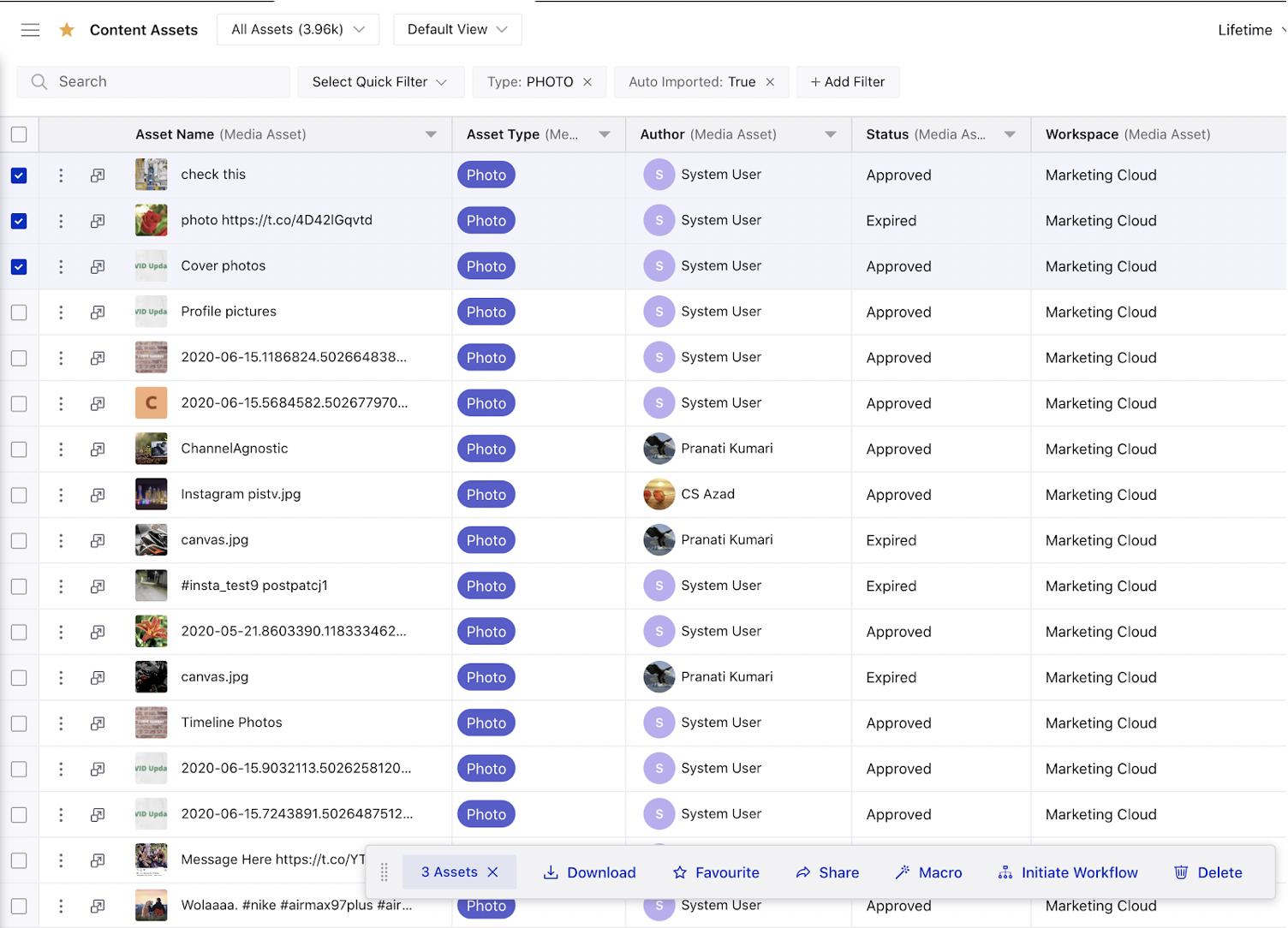 List View of Assets in the Production Dashboards