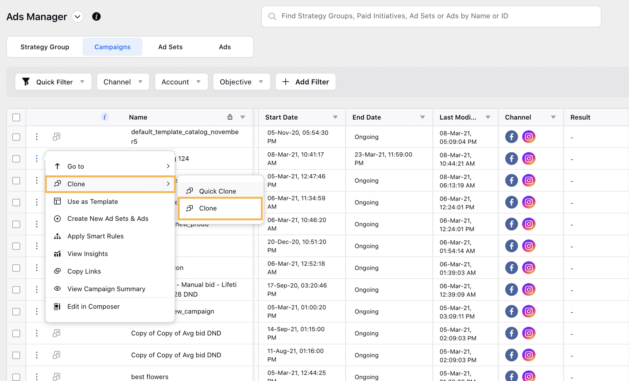 Selecting Clone from the Ad Entity Options