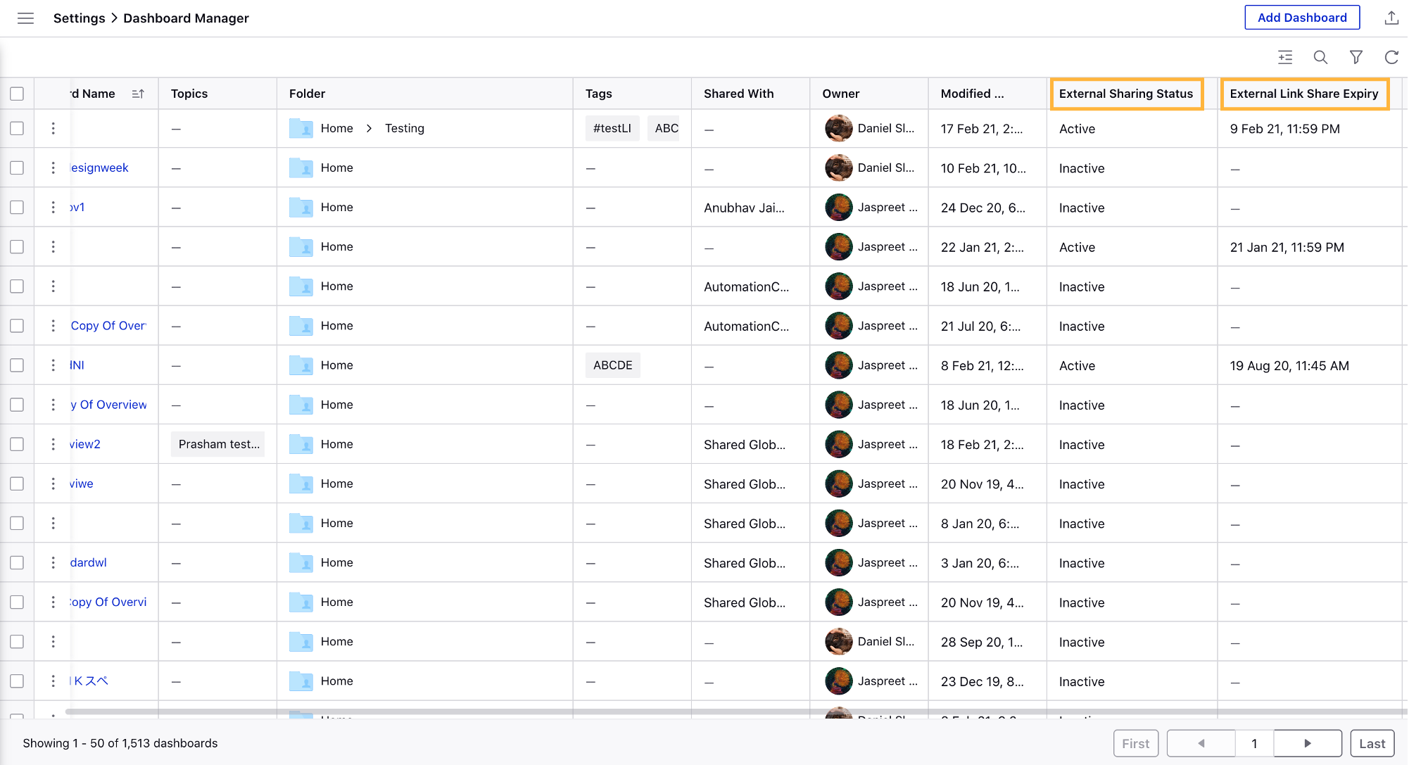 Listening – Ability to Manage External Shareable Links from Dashboard Manager