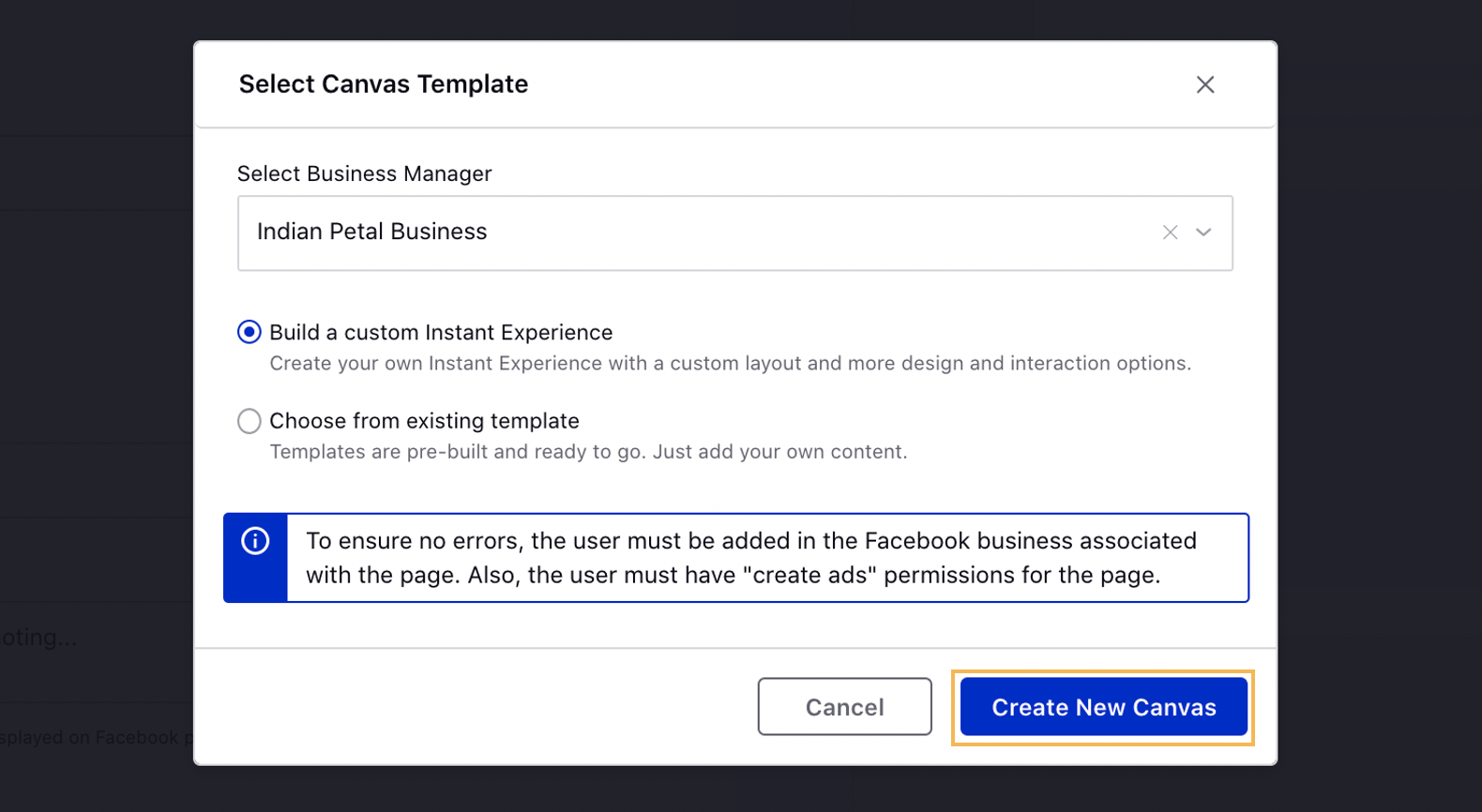 Selecting Canvas Template