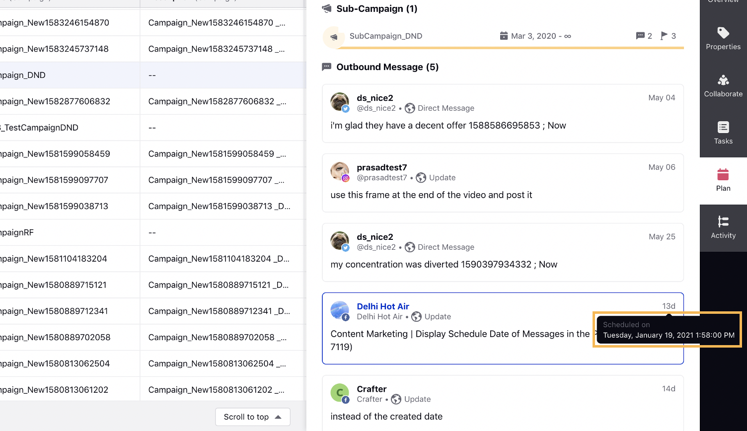 Viewing Schedule Date of Message in Campaign’s Plan Tab