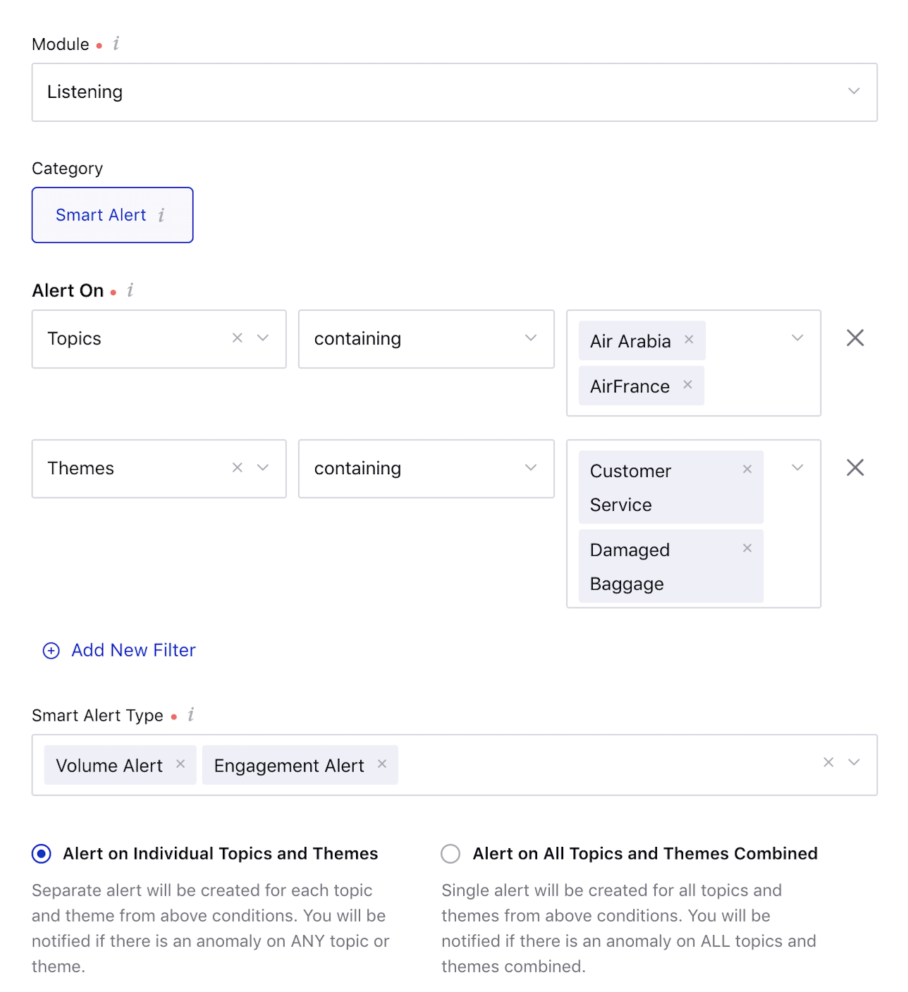 Creating new smart alert on individual topics and themes