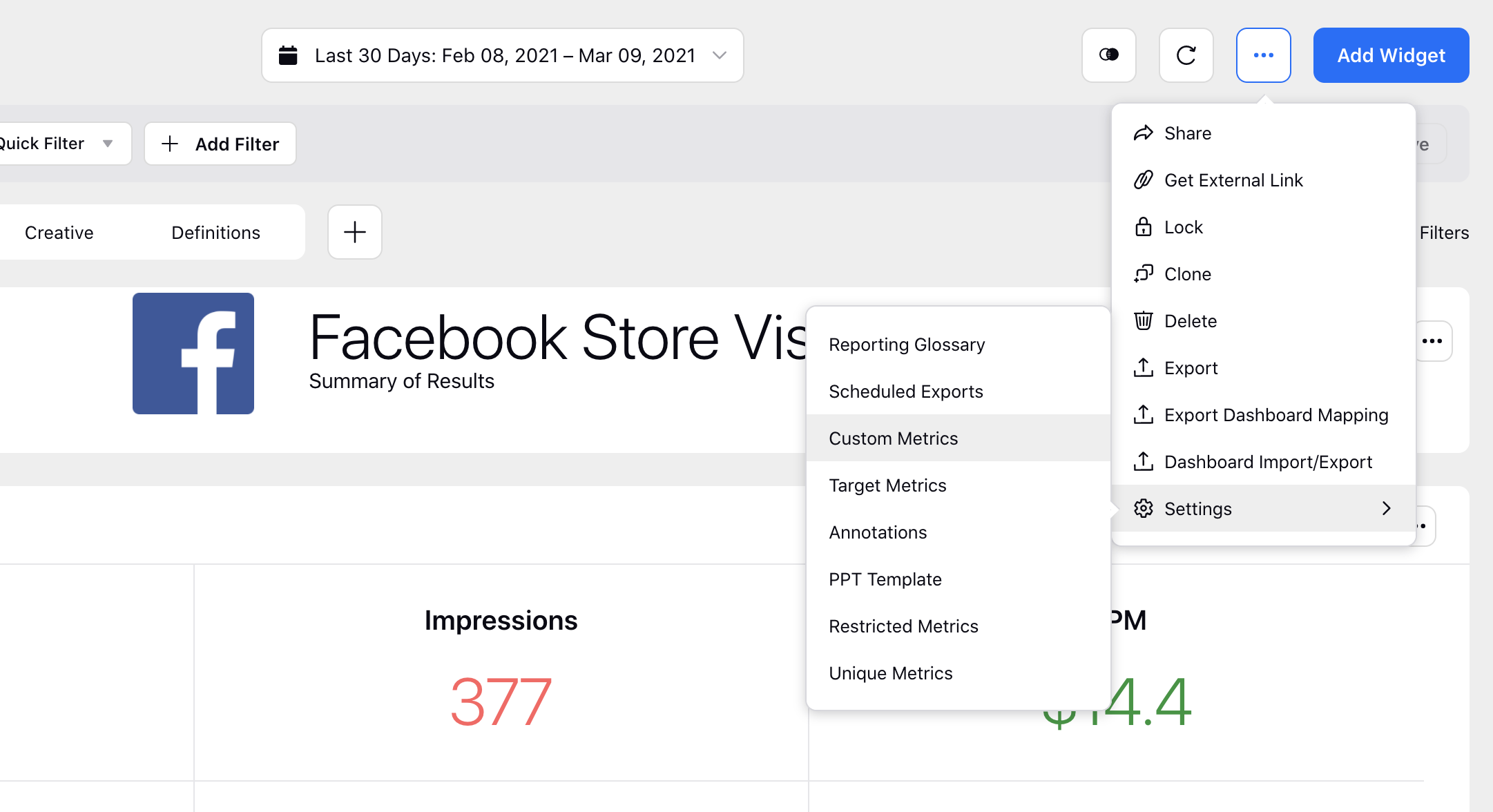 Select Custom Metrics from Ads Reporting Dashboard Settings