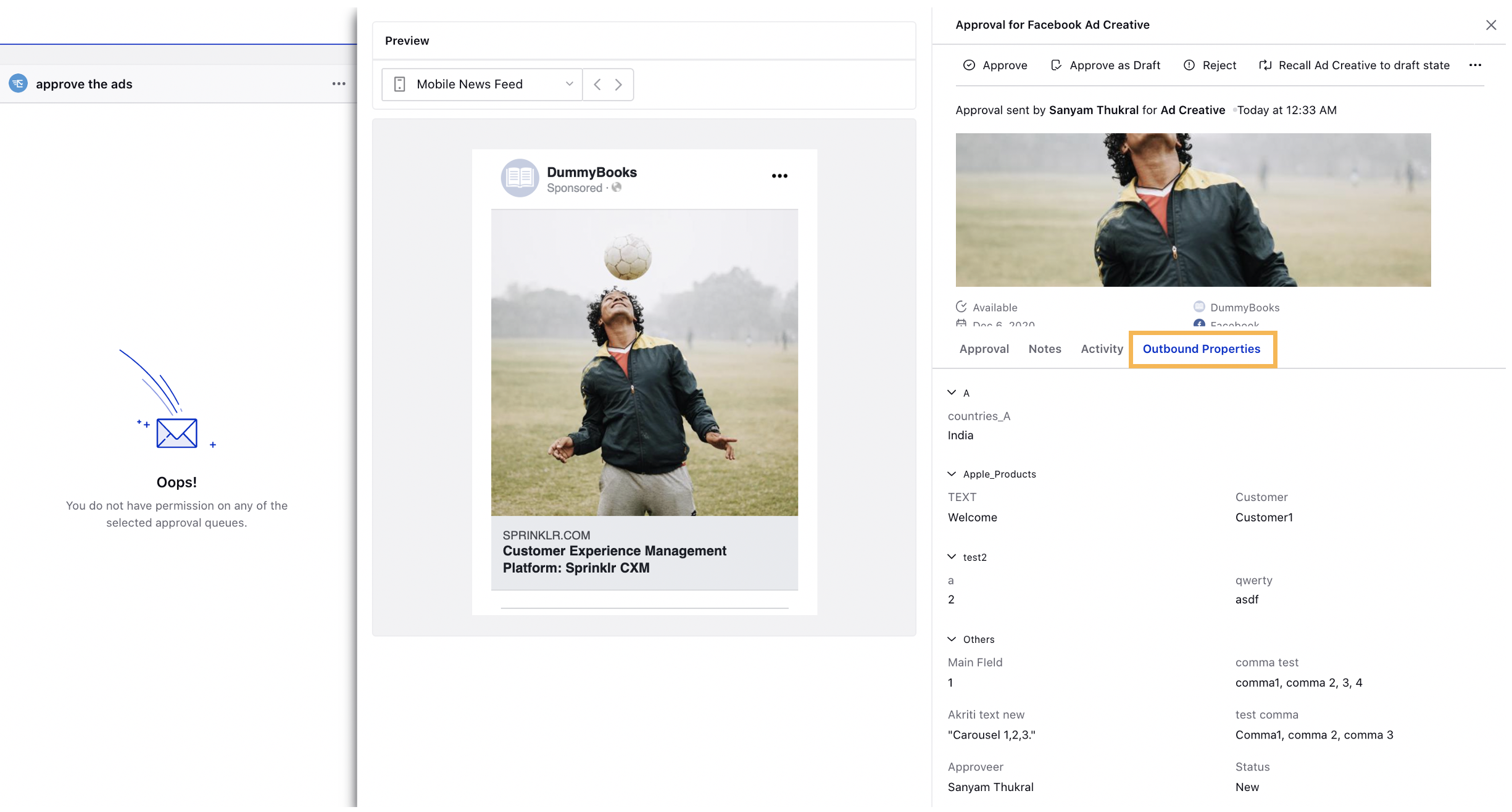 Outbound Custom Properties Tab in Creatives Approval