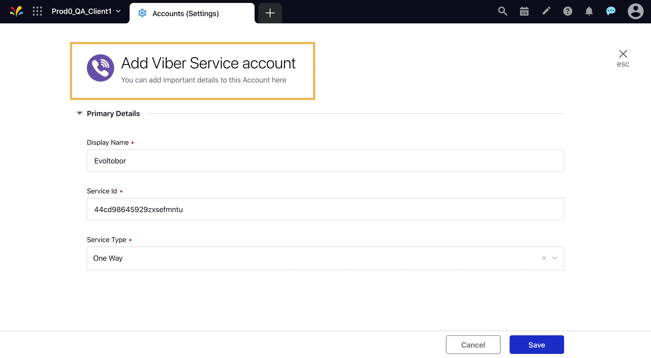 Entering the Display Name, Service Id, and Service Type for the Viber Service Account you want to add