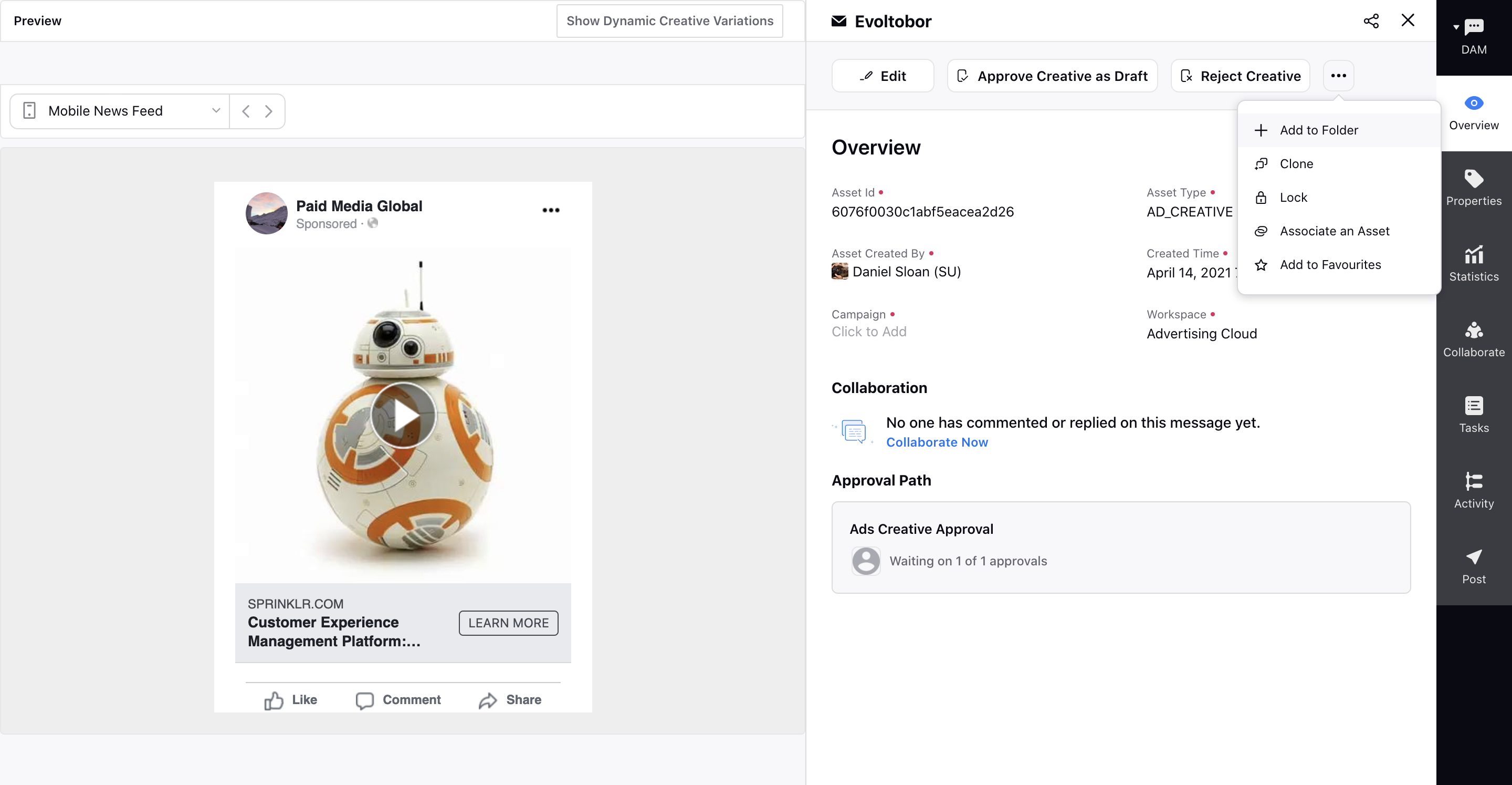 Approving Ad Creative via Engagement Dashboard