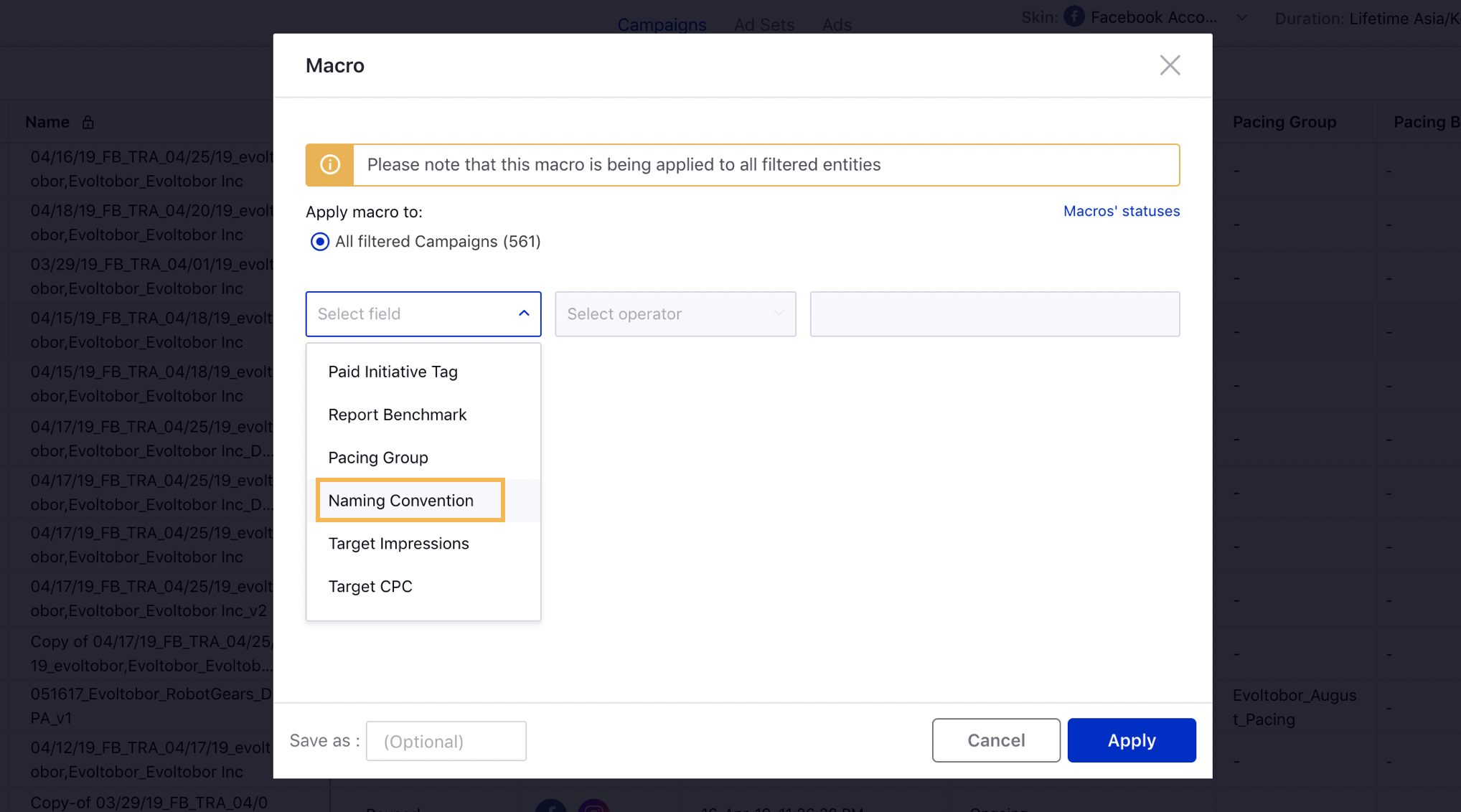 Applying Naming Convention using Macros in Ads Manager
