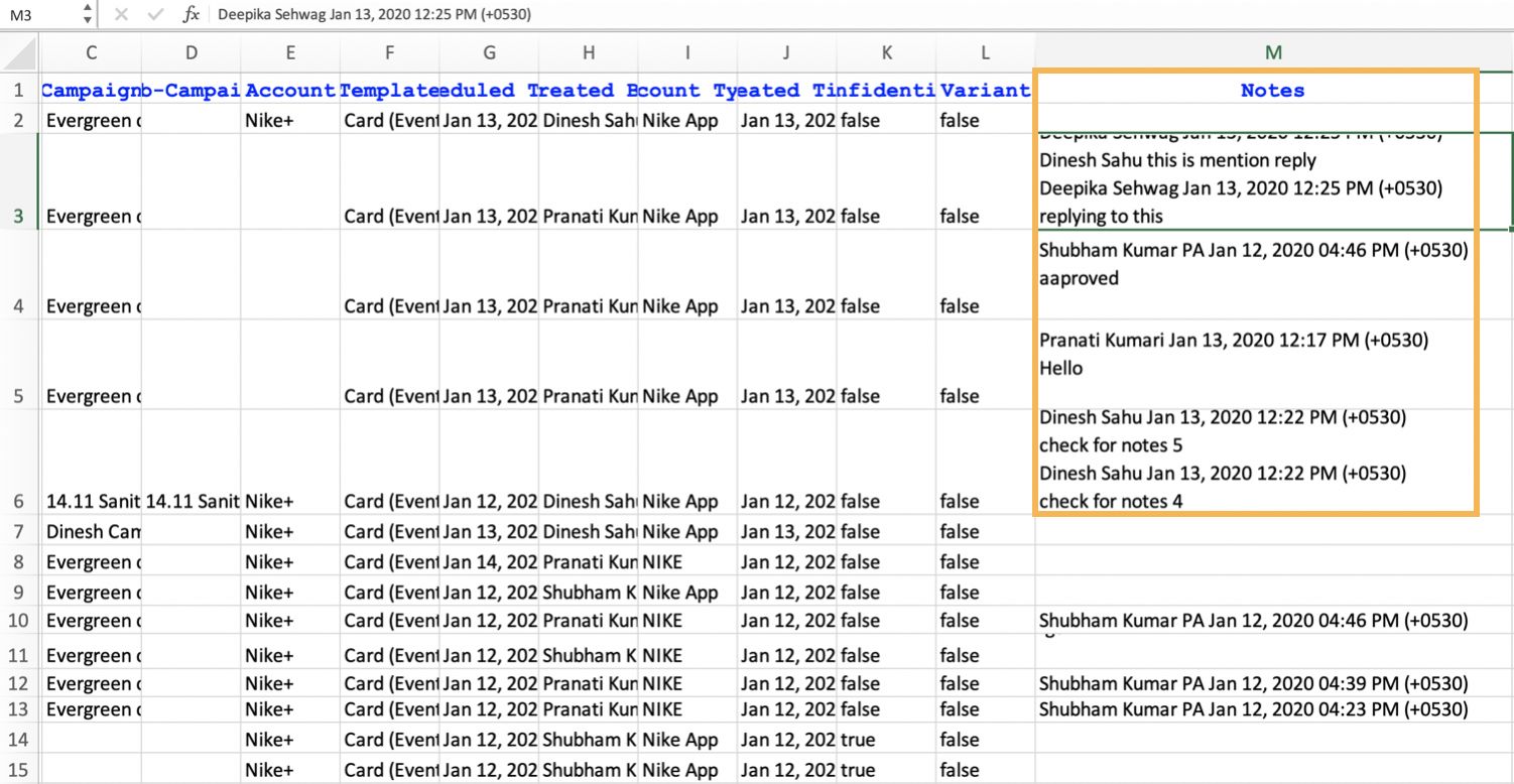 Viewing Notes Column in Excel Export of Production Dashboard