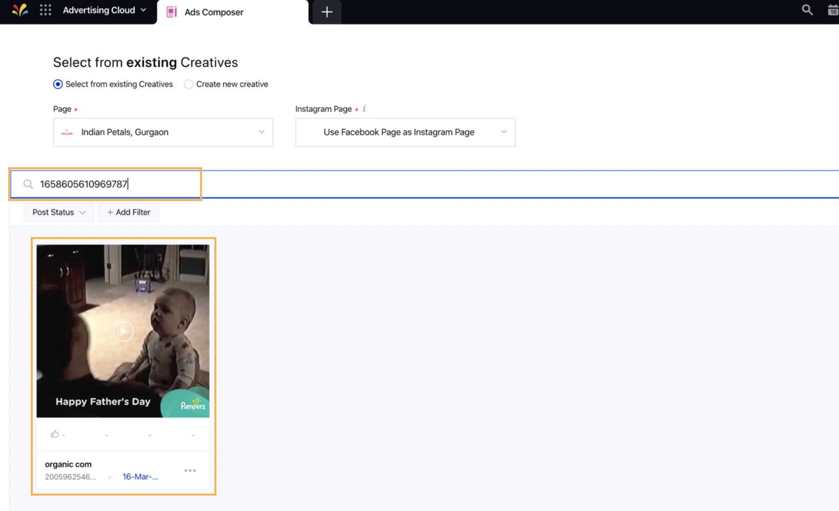 Using Video Post Id to search specific Video Post for Facebook in Ads Composer
