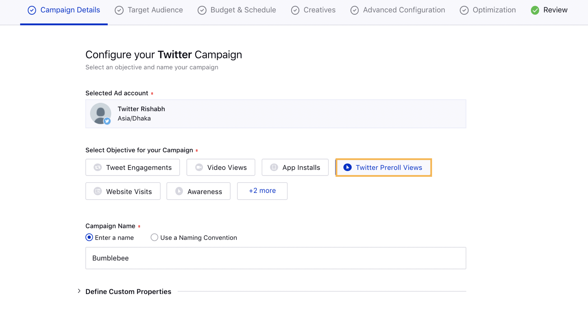 Enabled Twitter Pre Roll Views Objective for all Ad Accounts