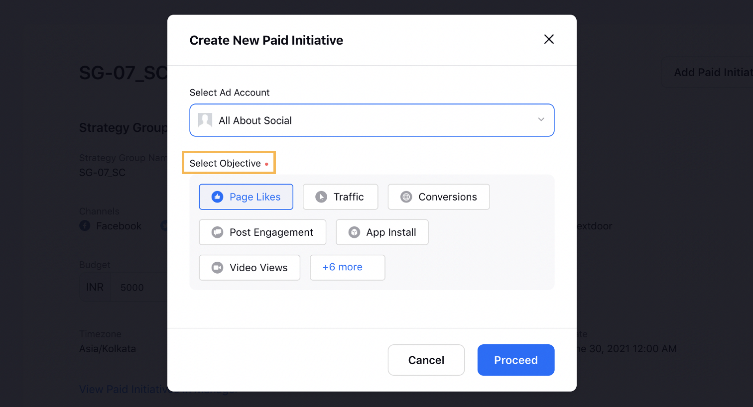 Selecting Objective for Paid Initiative