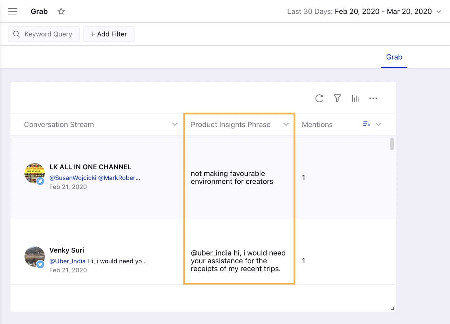 Showing Product Insights Phrase in the table widget