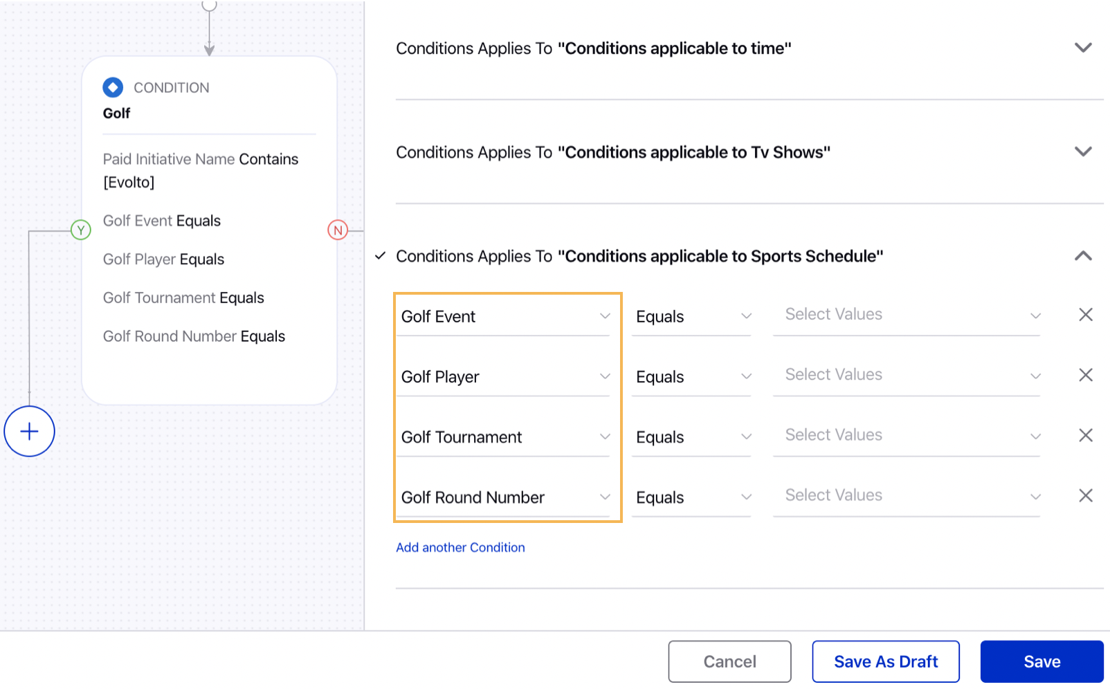 Configure Golf Paid Rule Conditions in Rule Engine