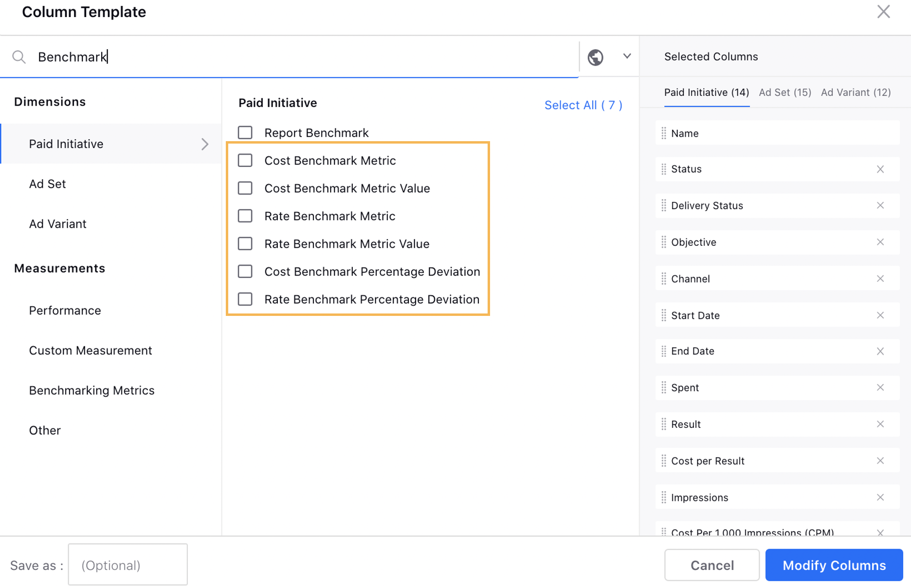 Select Metrics and Dimensions to configure columns in Ads Manager